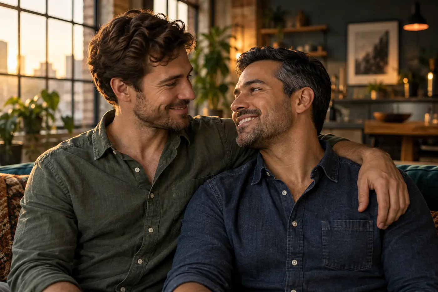 Two men smiling affectionately together in a warmly lit loft.