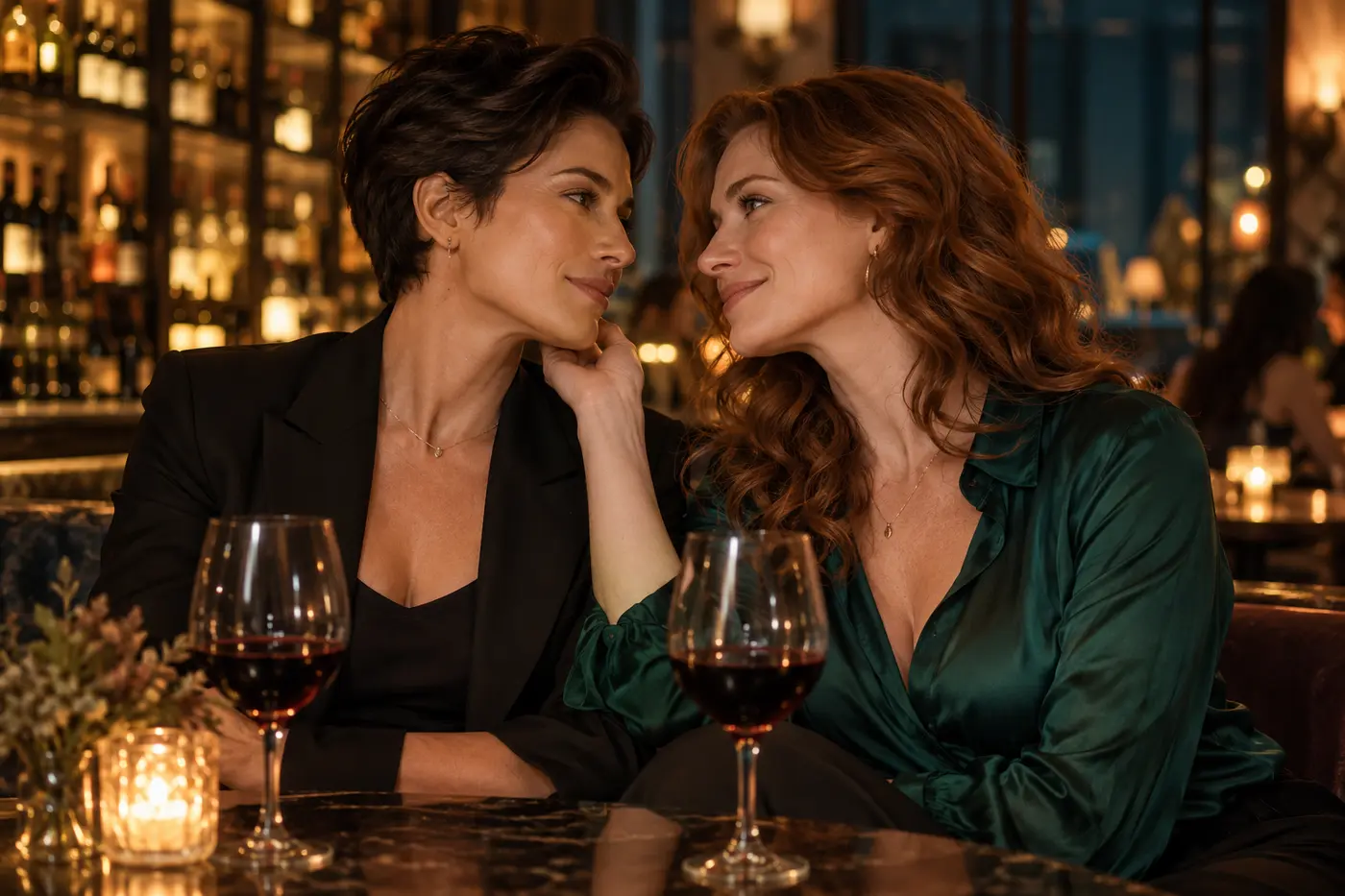 Two women sharing an affectionate look at a warmly lit wine bar.