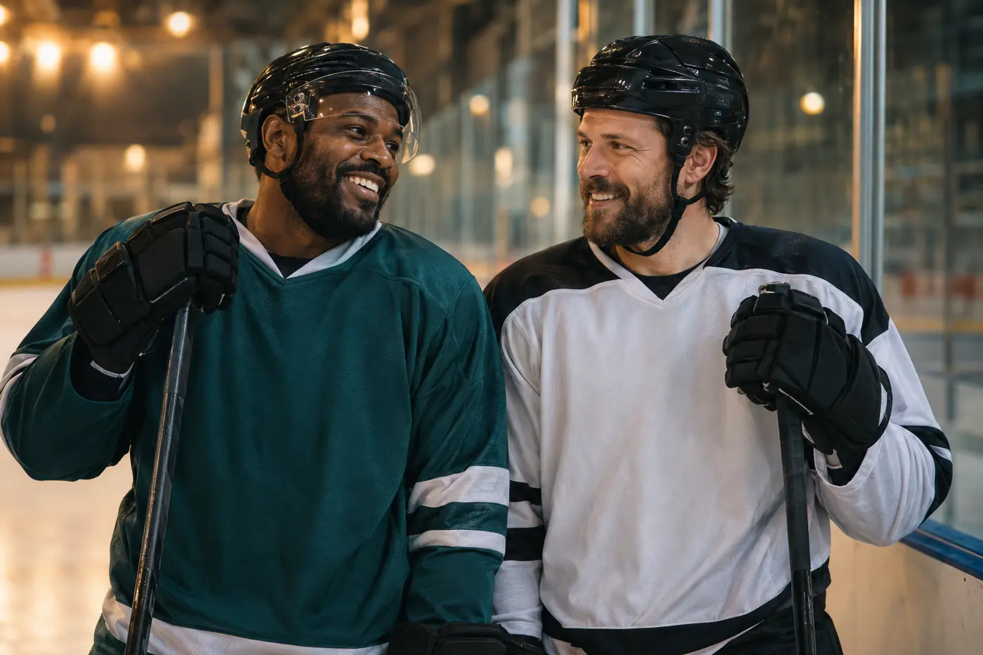 Two adult hockey players sharing a smile beside an ice rink.