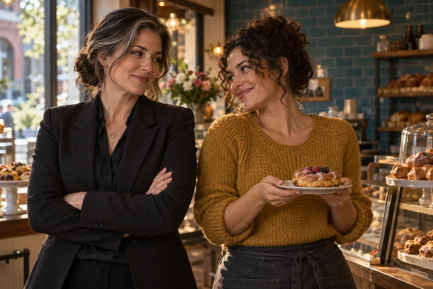A cheerful woman offering pastries to a reserved woman in a bakery.