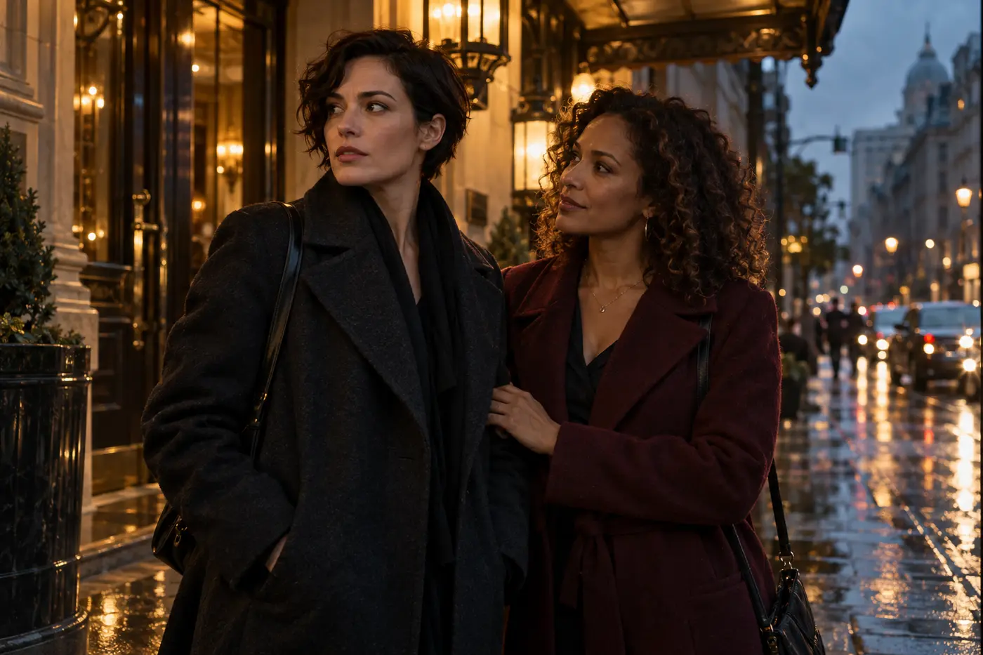 Two women standing close beneath a hotel entrance on a rainy evening.