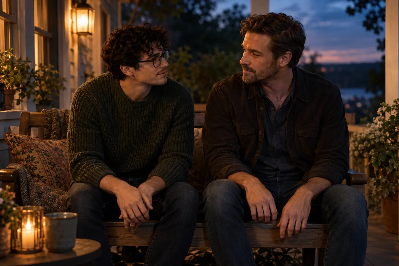 Two men sharing a quiet, expectant moment on a porch at dusk.