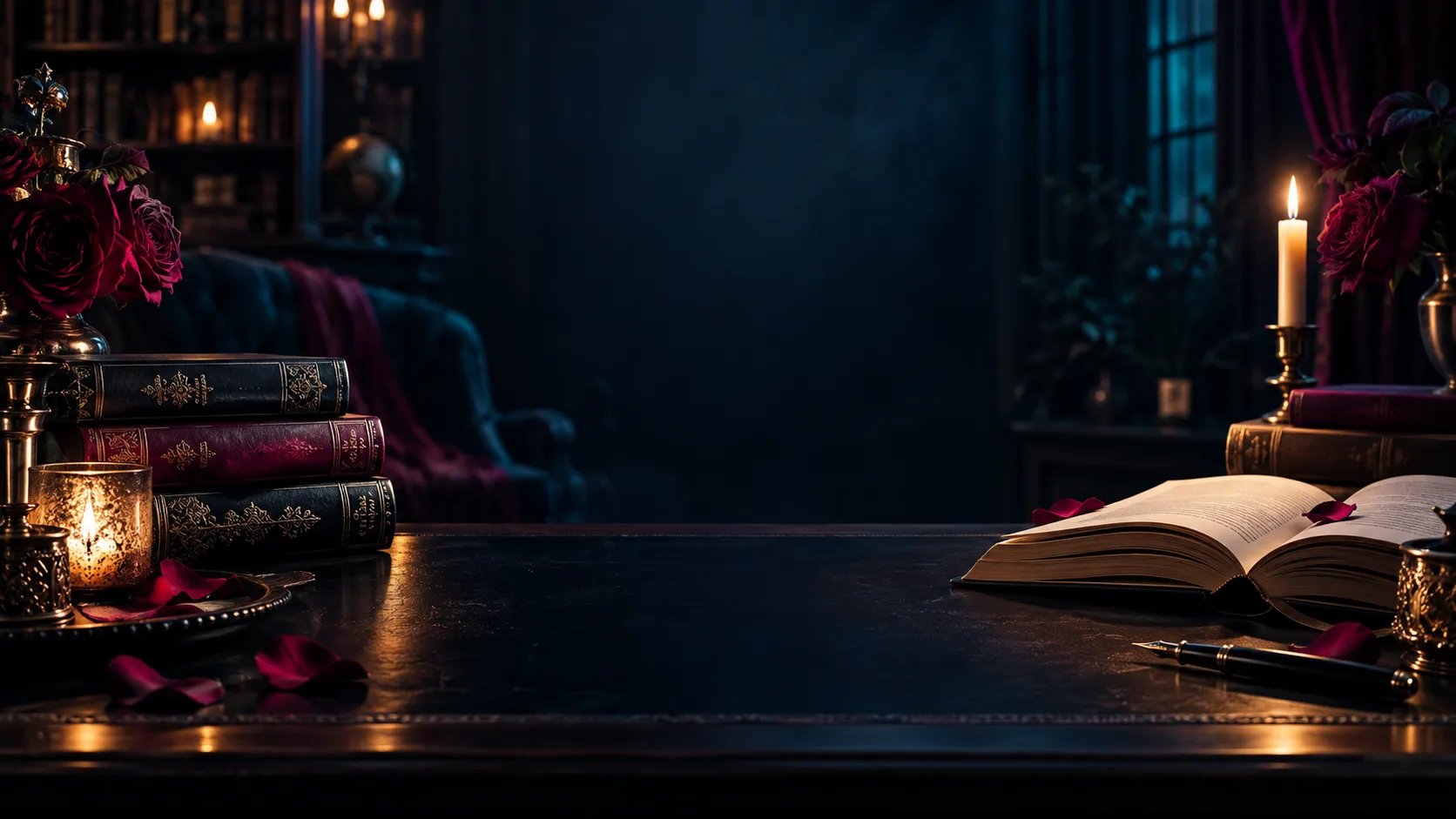 Dark romance library with books, roses, candlelight, and an open manuscript