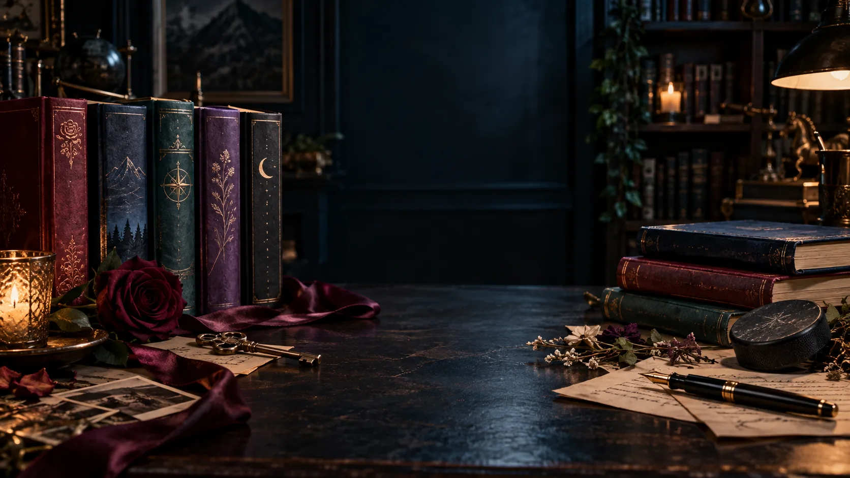 Romance books and writing objects from the Fractal Enigma author collection