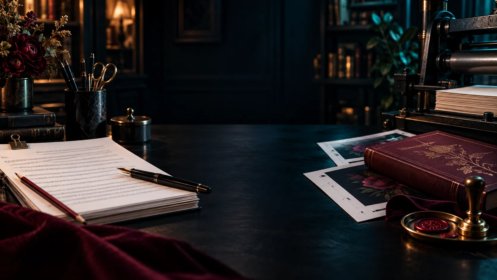 Independent publishing desk with books and manuscripts