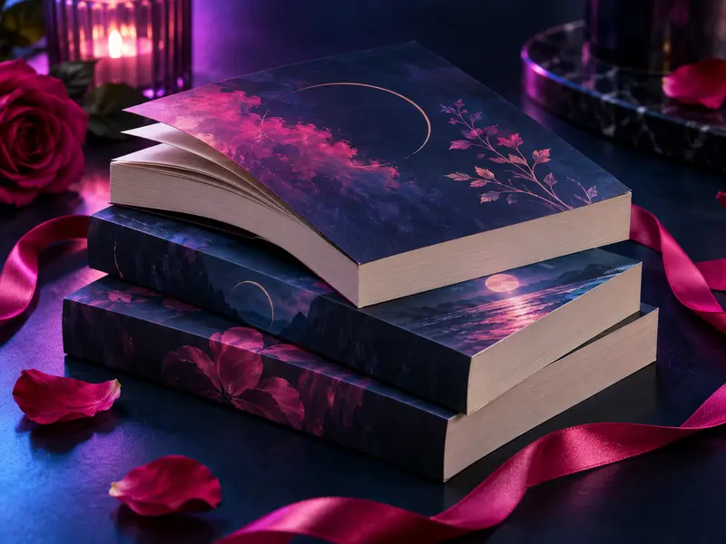 Stack of romance paperbacks with roses and violet ribbon