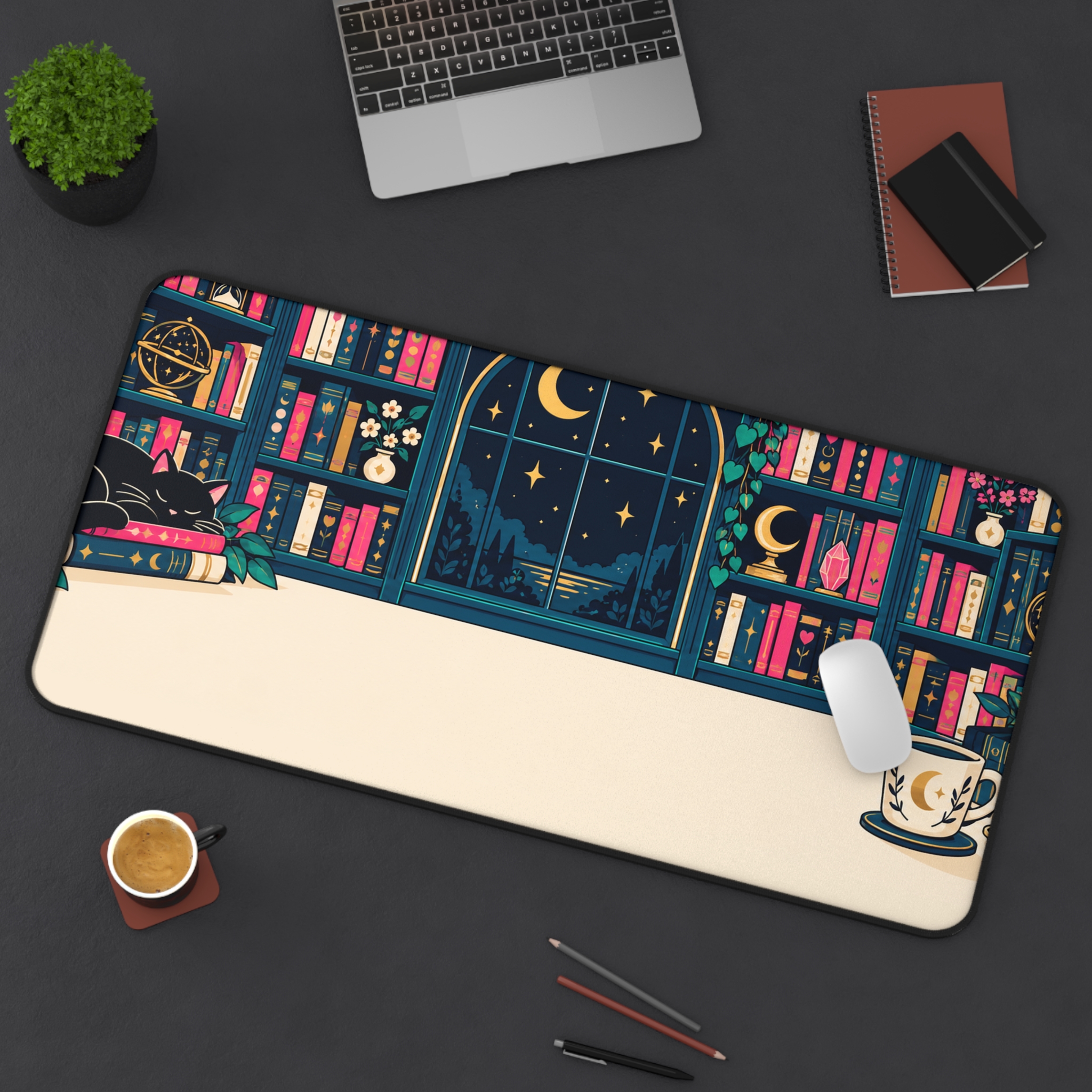 Midnight Library Desk Mat — Cozy Bookshelf, Moonlit Window & Black Cat Reader Desk Mat - Image 14