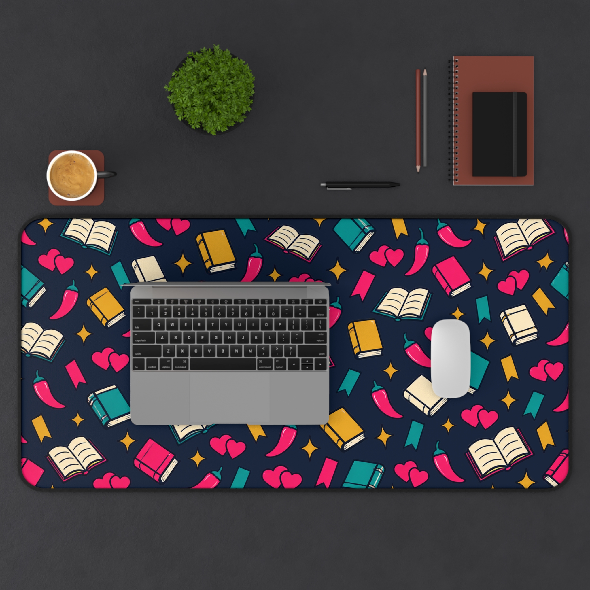 Bookish Confetti Desk Mat — Books, Hearts & Chili Peppers Spicy Romance Reader Desk Mat - Image 13