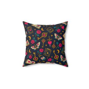 Enchanted Library Throw Pillow — Moths, Roses & Spellbooks Reading Nook Pillow (Navy)
