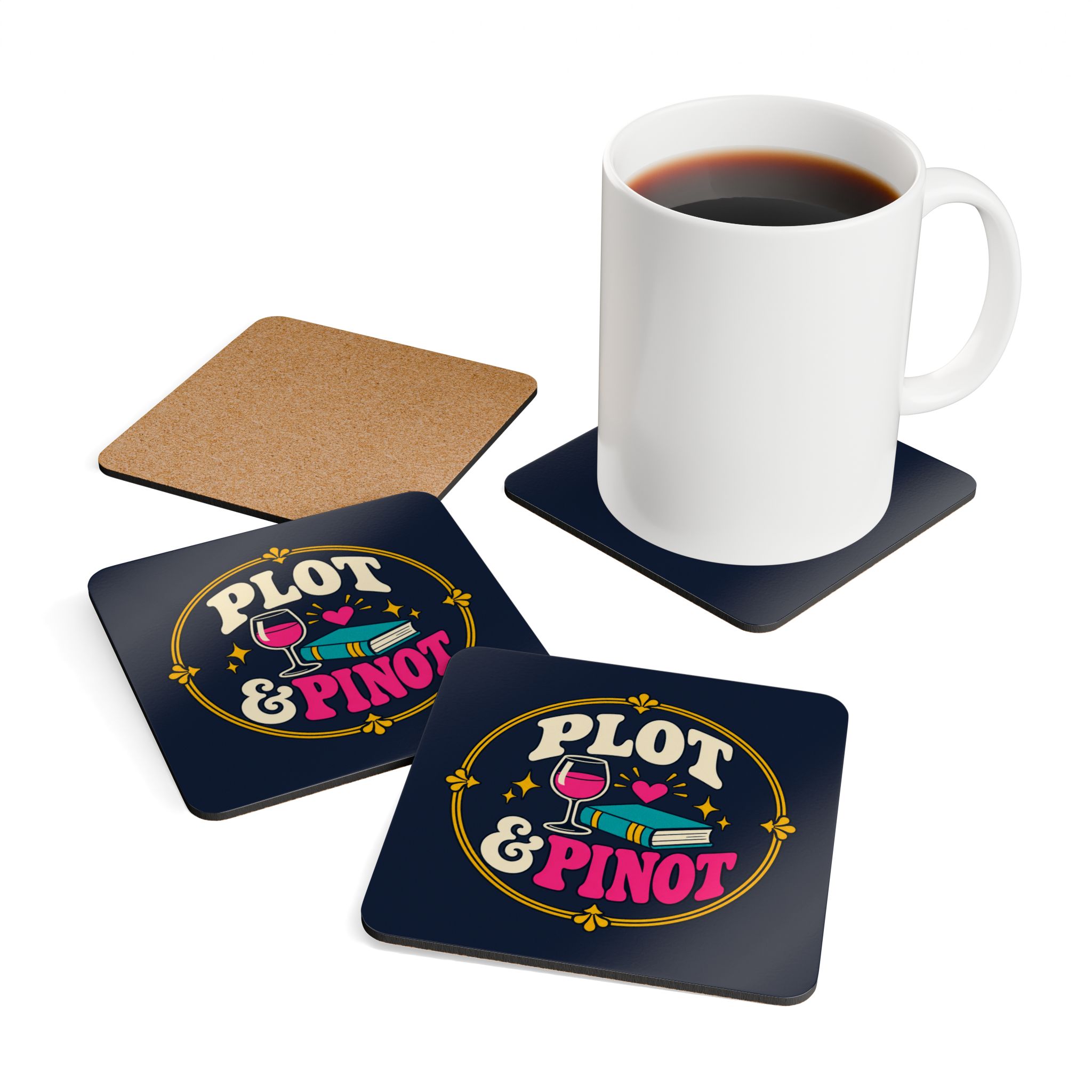 Plot & Pinot Coaster Set — Wine & Book Lover Cork-Back Drink Coasters, Set of 4 - Image 4