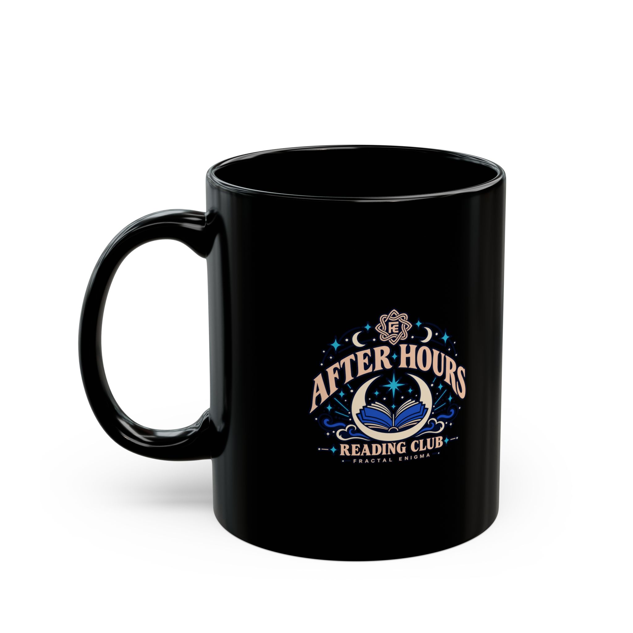 After Hours Reading Club Black Mug — Fractal Enigma Ceramic Mug, 11oz