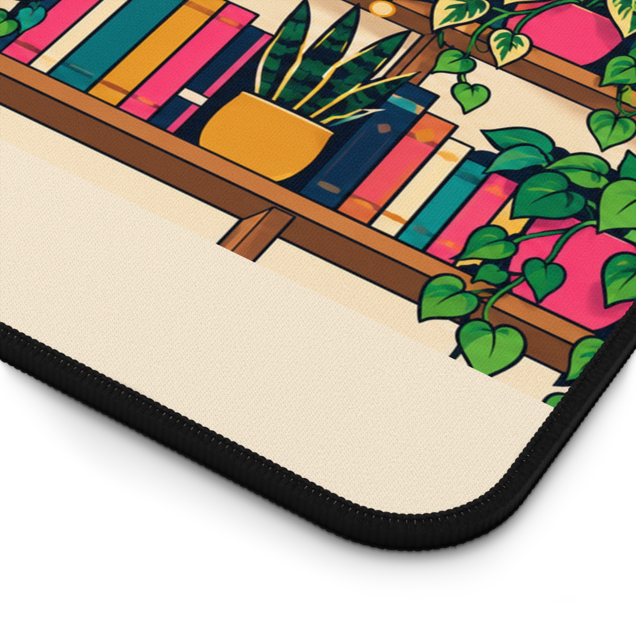 Plant Shelf Library Desk Mat — Cozy Bookshelf, Houseplants & Black Cat Reader Desk Mat - Image 5
