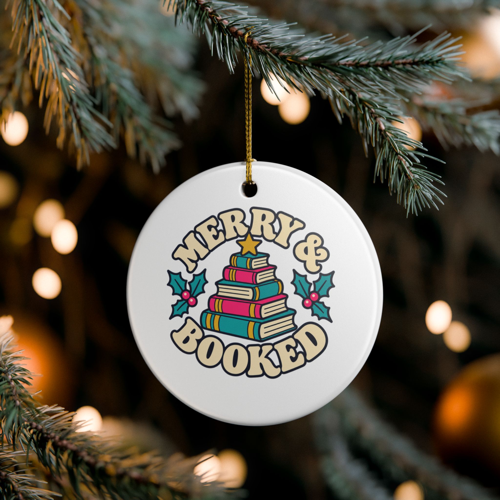 Merry & Booked Ornament — Book Lover Ceramic Christmas Ornament - Image 5