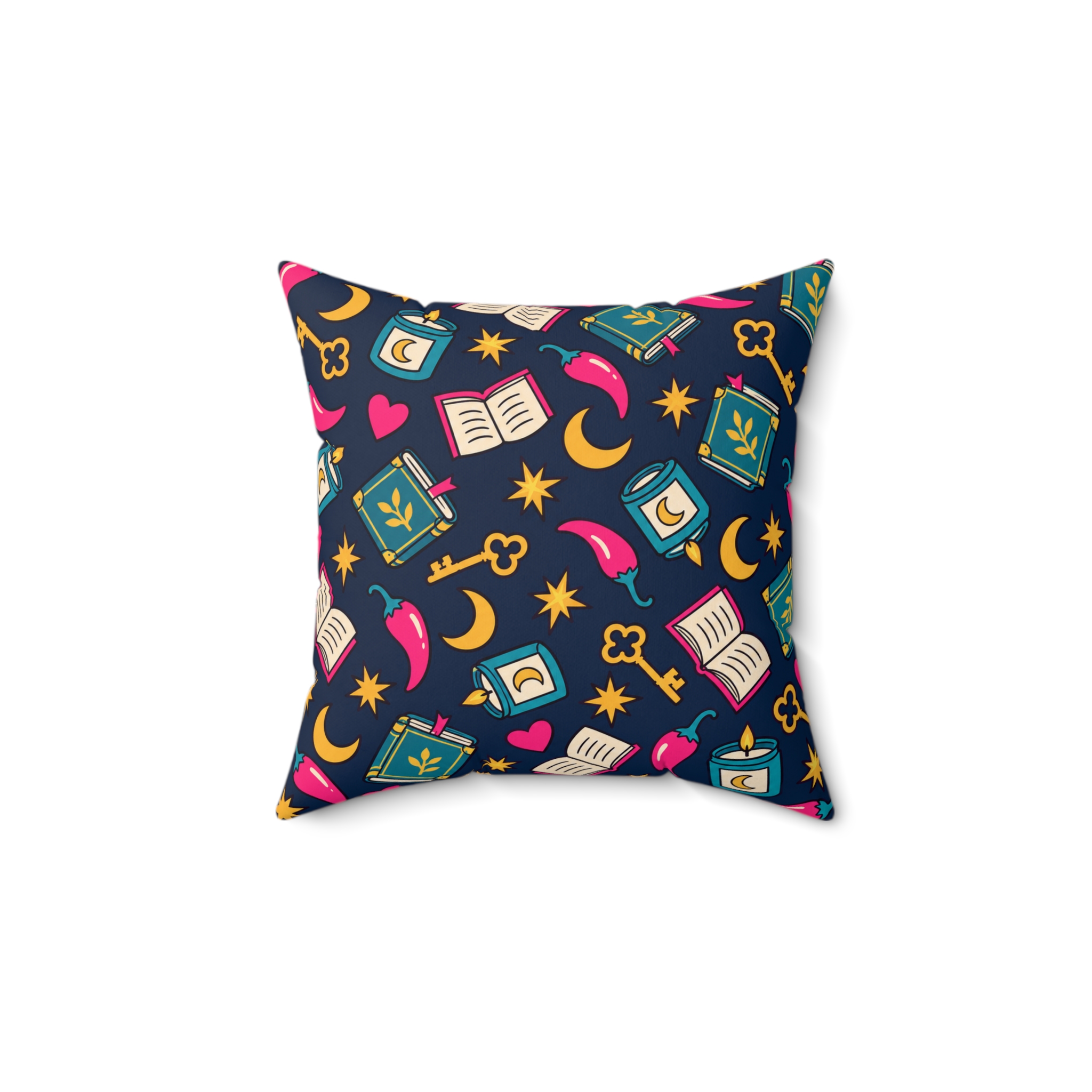 Bookish Icons Throw Pillow — Romance Reader Books, Chilis & Moons Reading Nook Pillow (Navy) - Image 2