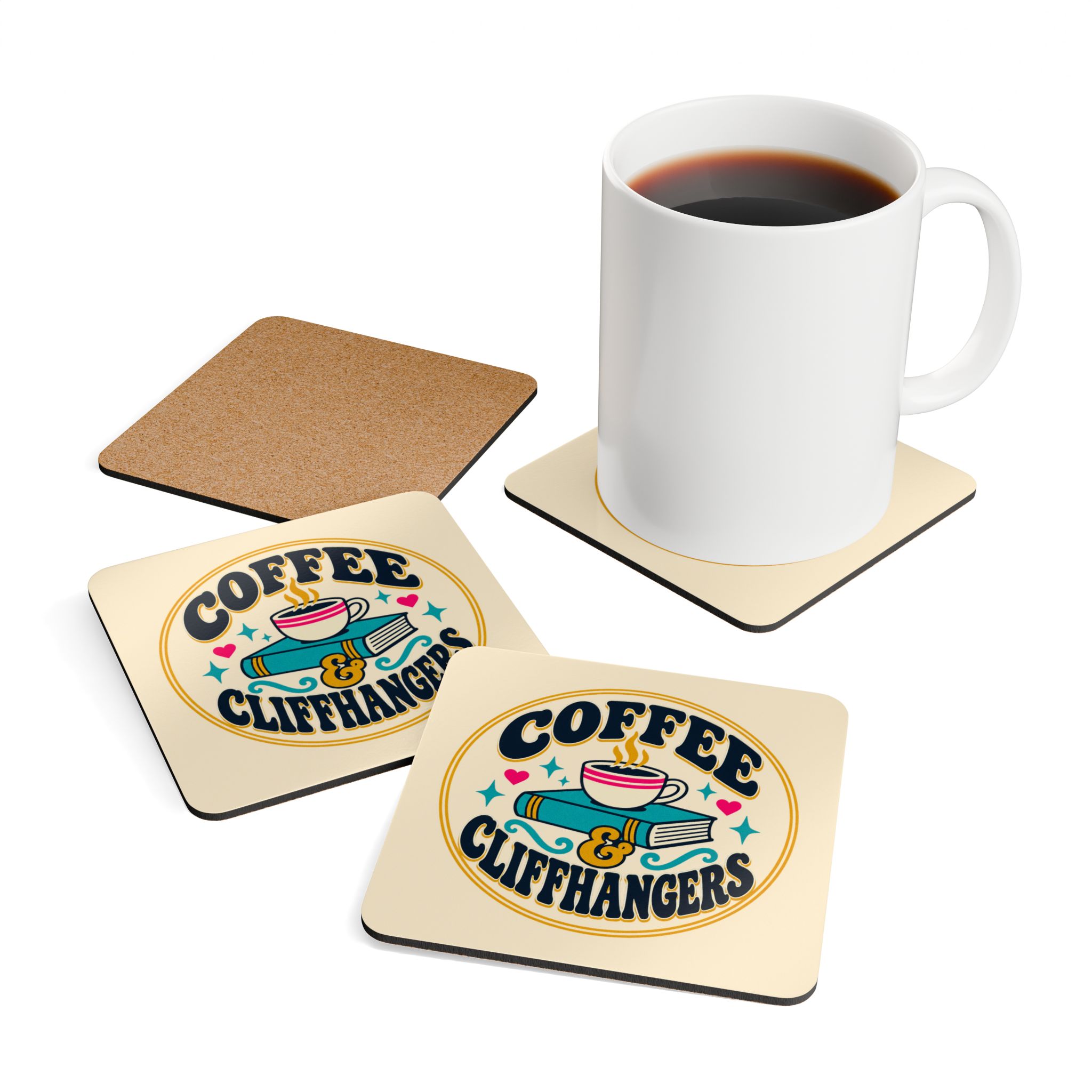Coffee & Cliffhangers Coaster Set — Book Lover Cork-Back Drink Coasters, Set of 4 - Image 4