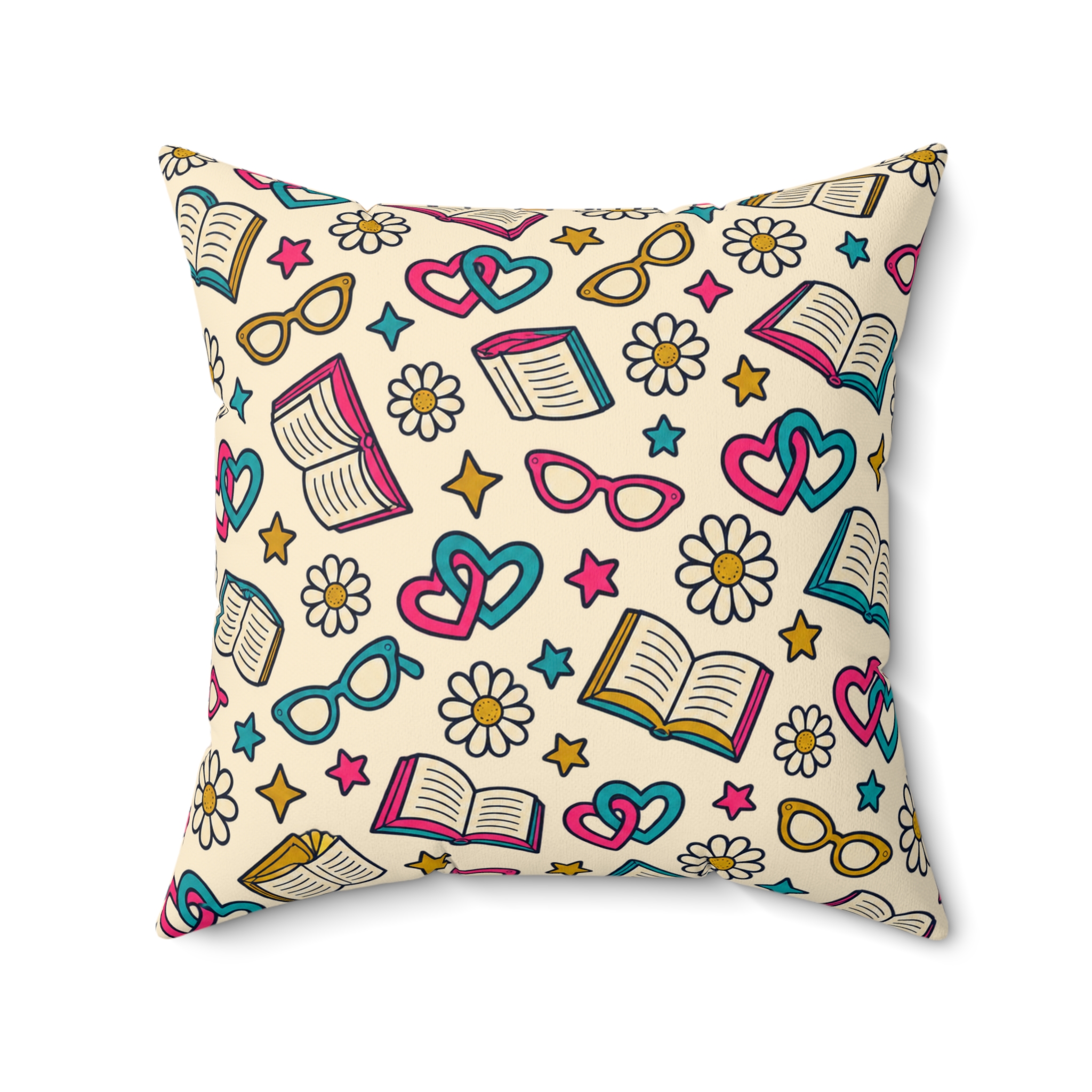 Bookish Blooms Throw Pillow — Books, Hearts & Daisies Reading Nook Pillow (Cream) - Image 11