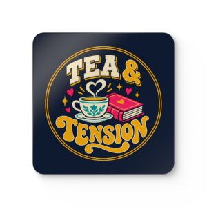 Tea & Tension Coaster Set — Book Lover Cork-Back Drink Coasters, Set of 4