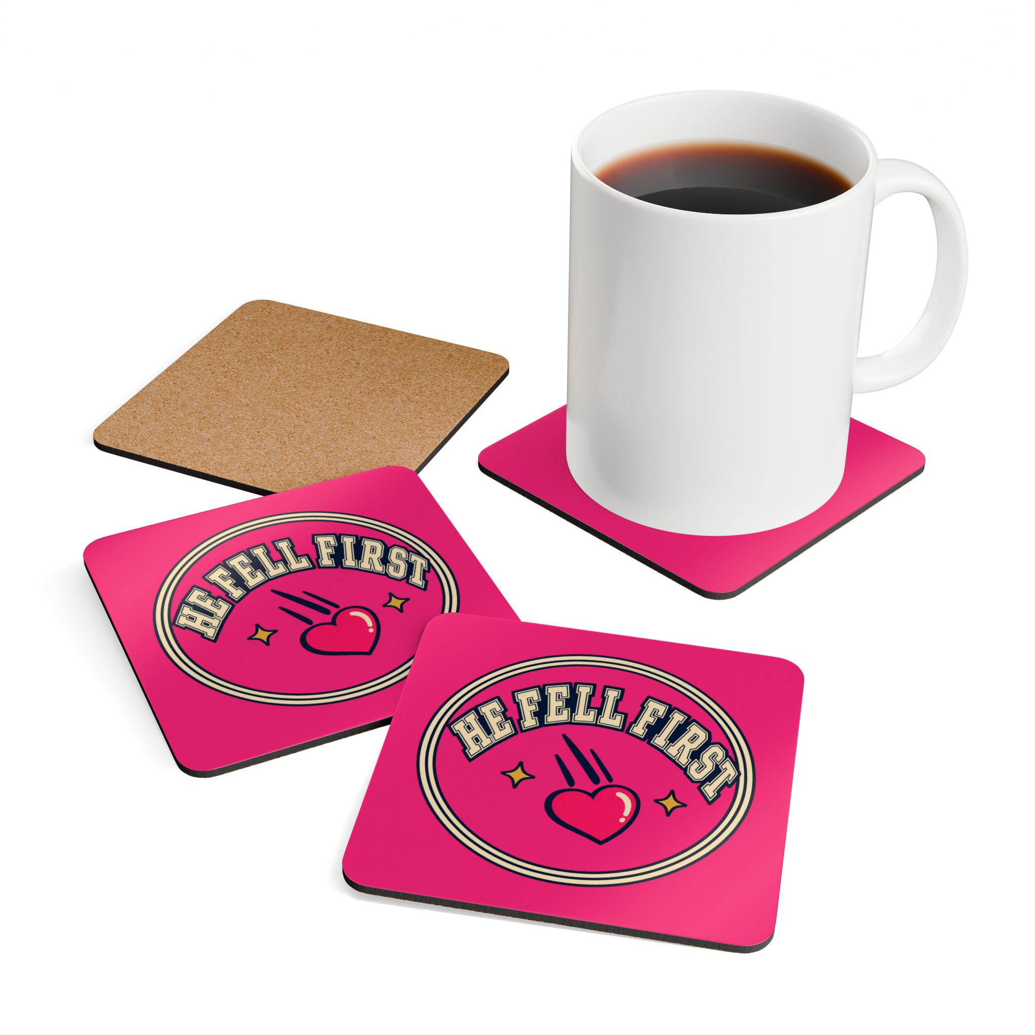 He Fell First Coaster Set — Romance Trope Cork-Back Drink Coasters, Set of 4 - Image 4