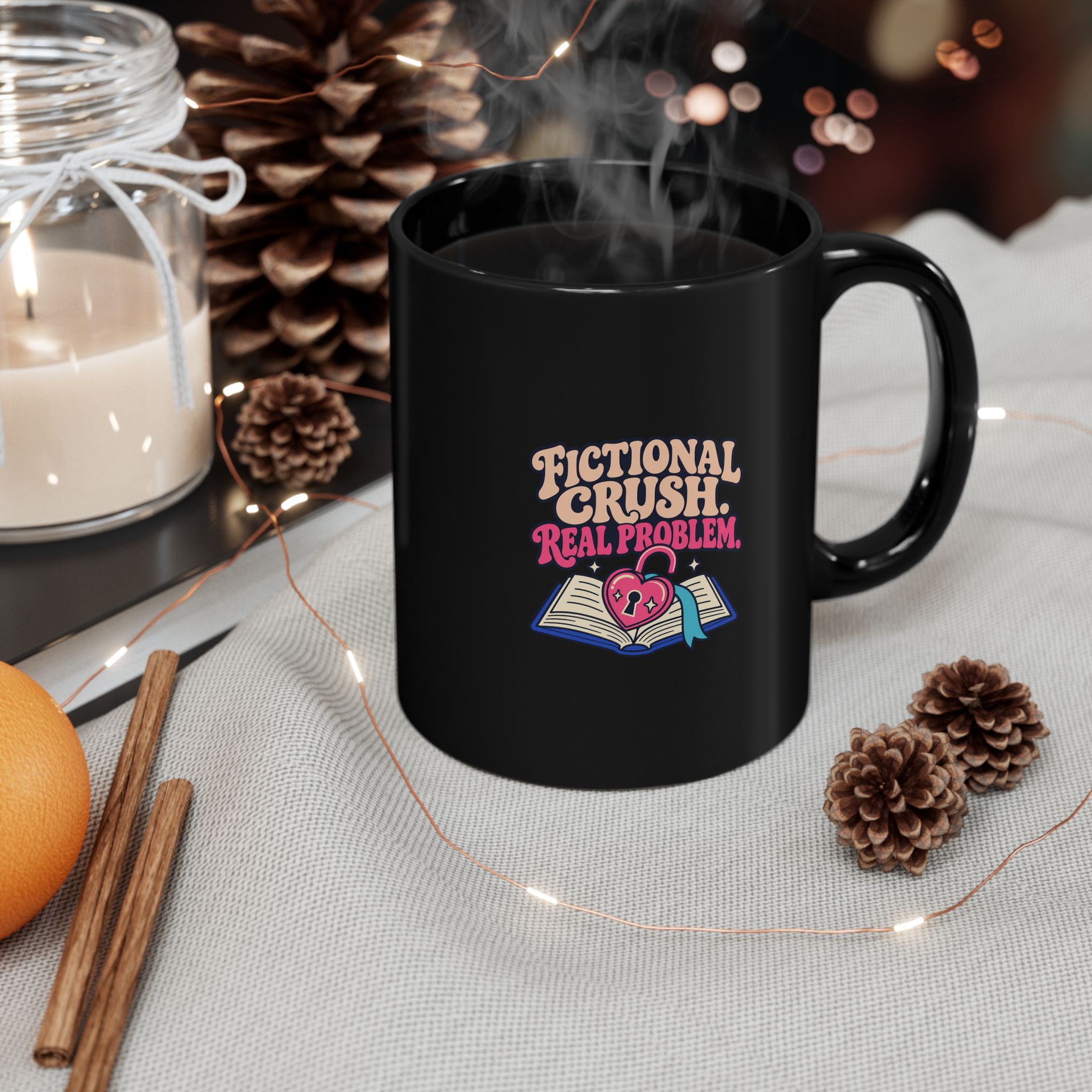 Fictional Crush, Real Problem Black Mug — Romance Reader Ceramic Mug, 11oz - Image 3