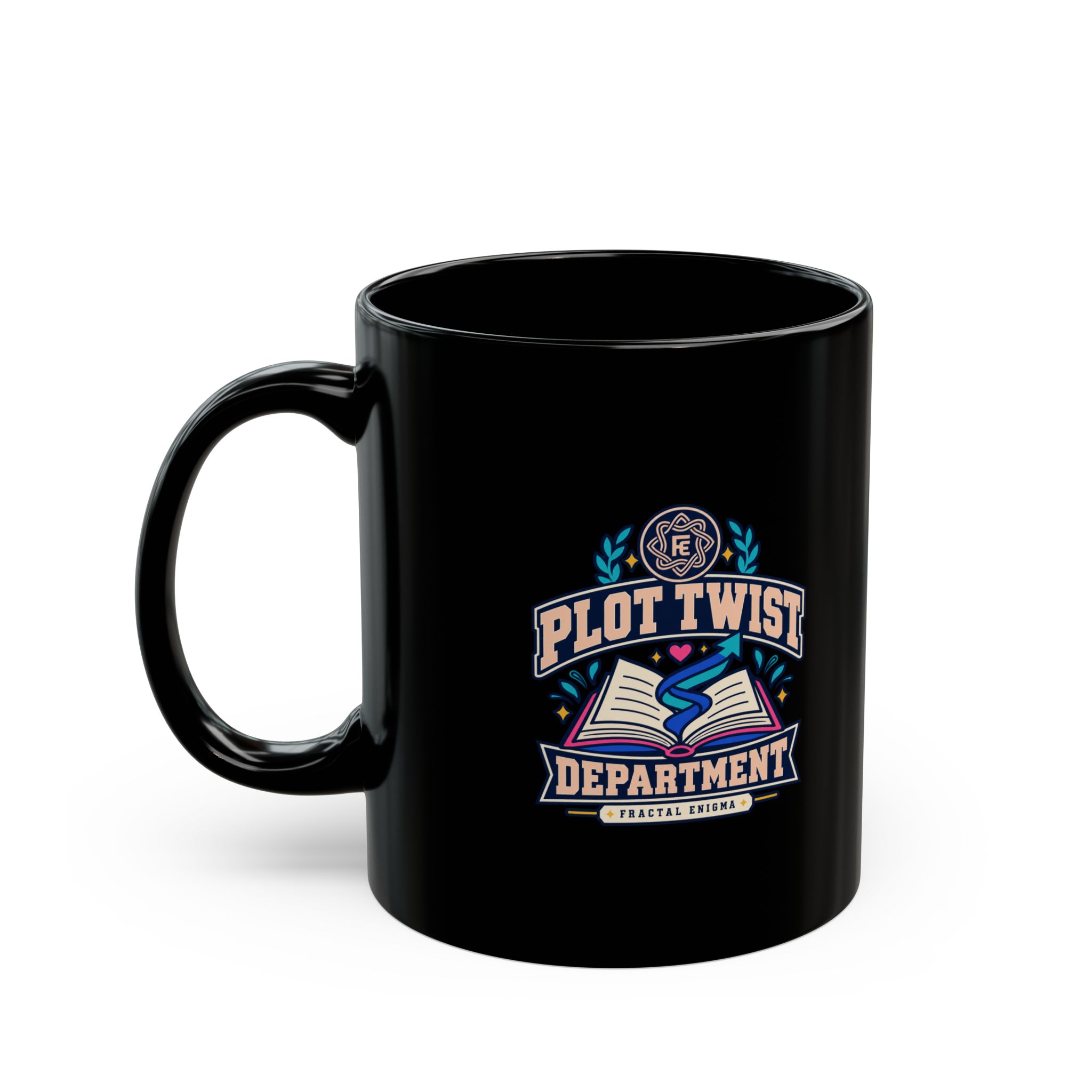 Plot Twist Department Black Mug — Fractal Enigma Ceramic Mug, 11oz