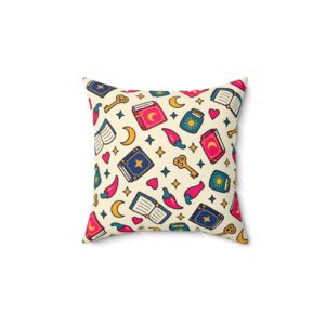 Bookish Icons Throw Pillow — Romance Reader Books, Chilis & Moons Reading Nook Pillow (Cream)
