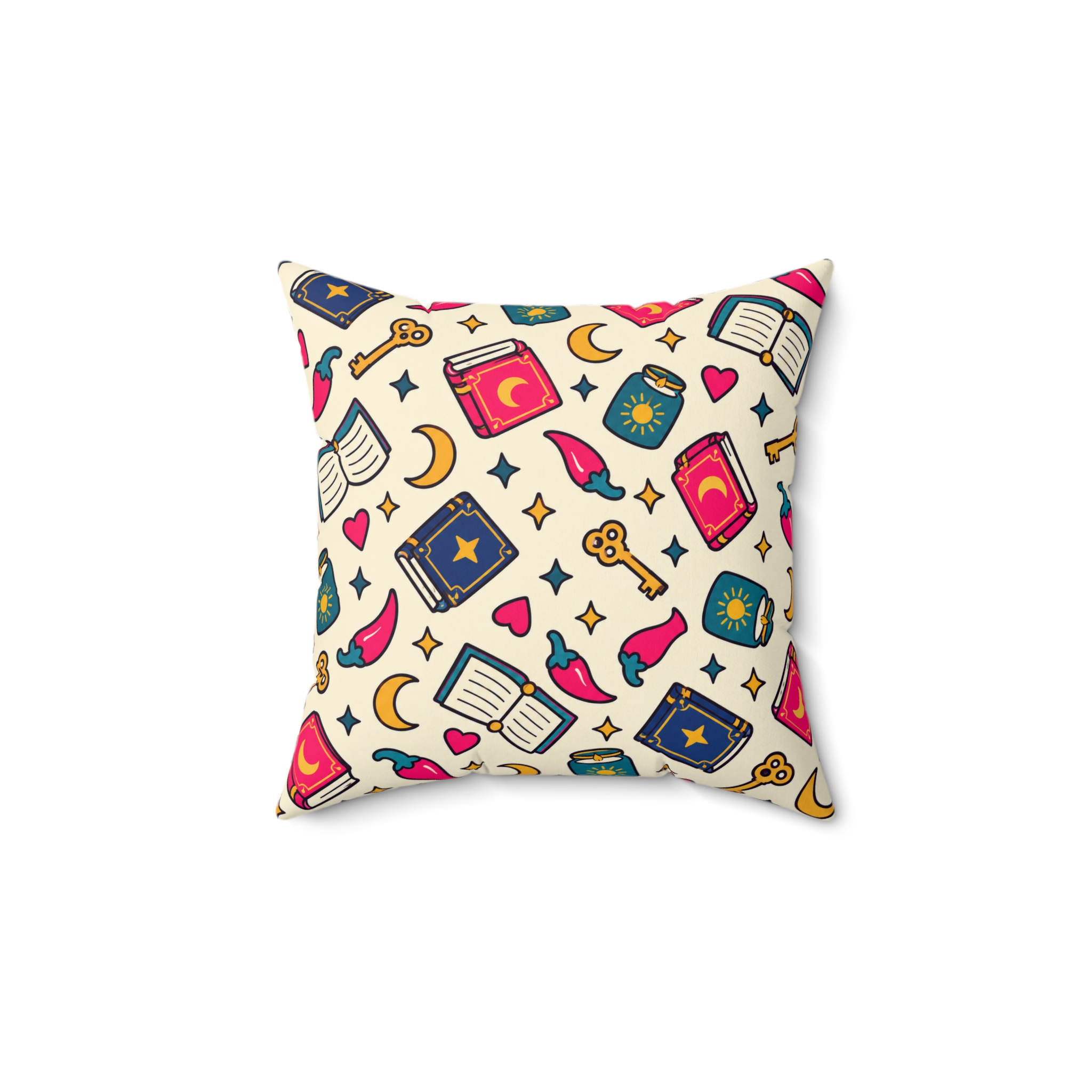 Bookish Icons Throw Pillow — Romance Reader Books, Chilis & Moons Reading Nook Pillow (Cream)