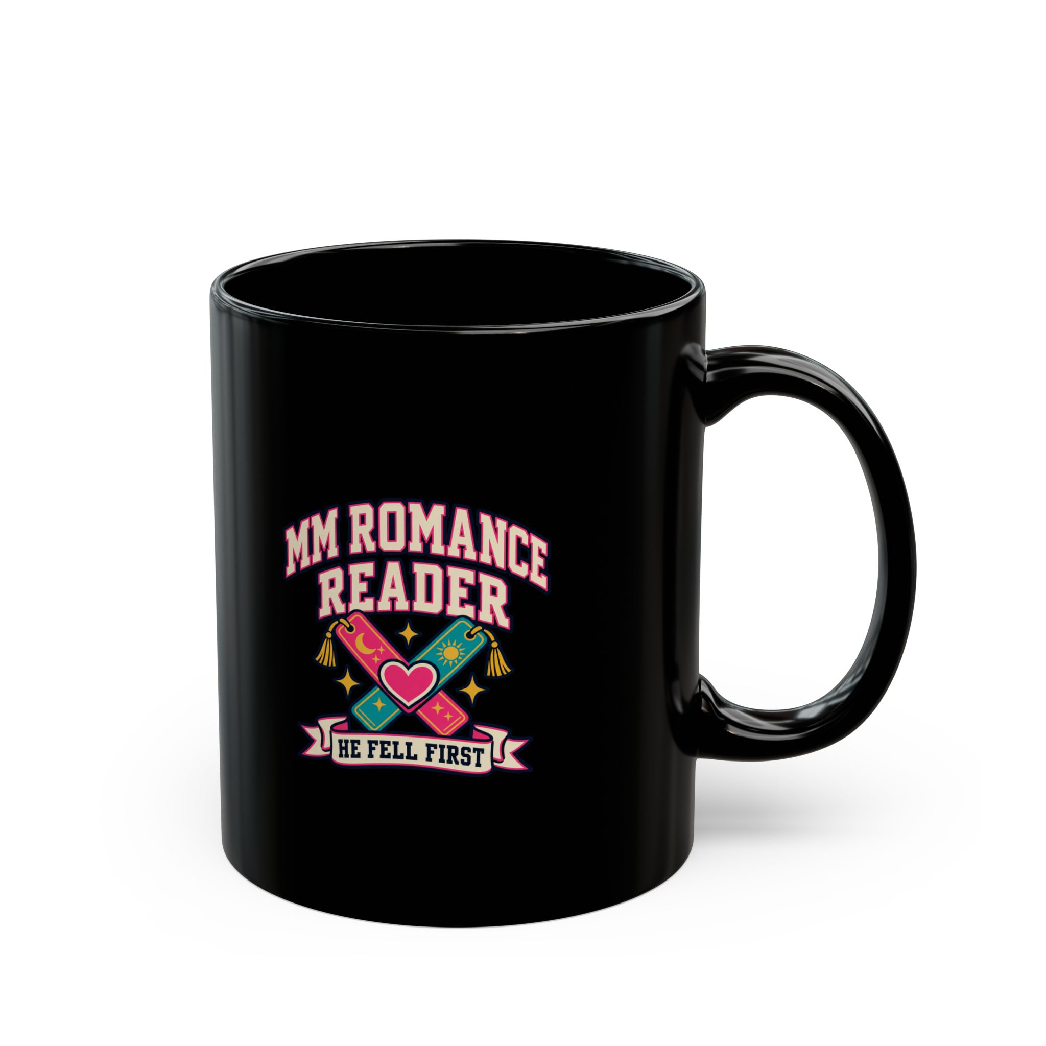 MM Romance Reader Black Mug — He Fell First MM Romance Ceramic Mug, 11oz - Image 2