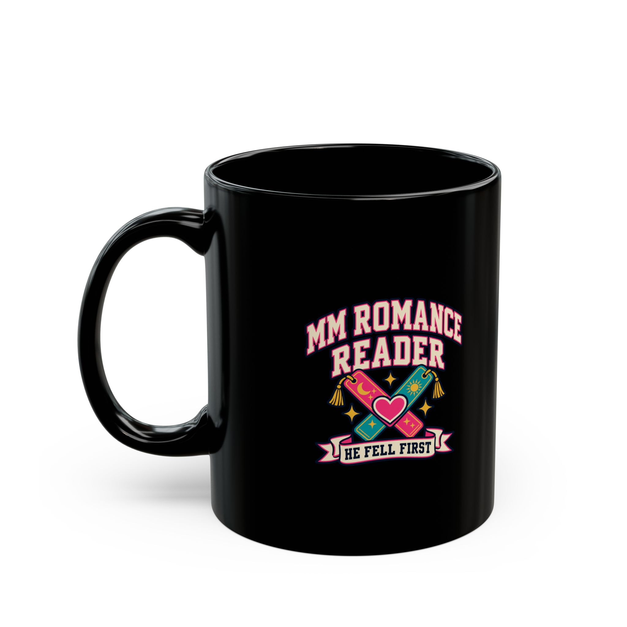 MM Romance Reader Black Mug — He Fell First MM Romance Ceramic Mug, 11oz