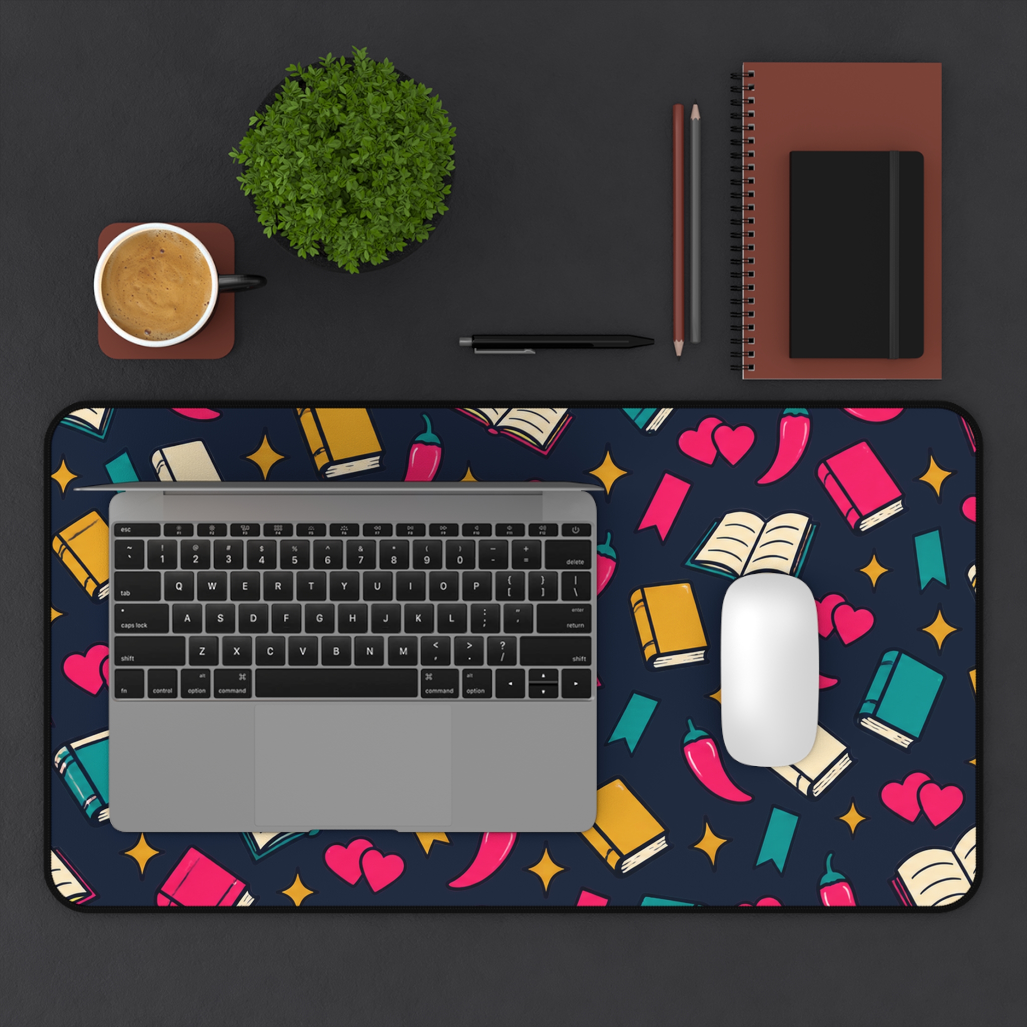 Bookish Confetti Desk Mat — Books, Hearts & Chili Peppers Spicy Romance Reader Desk Mat - Image 8