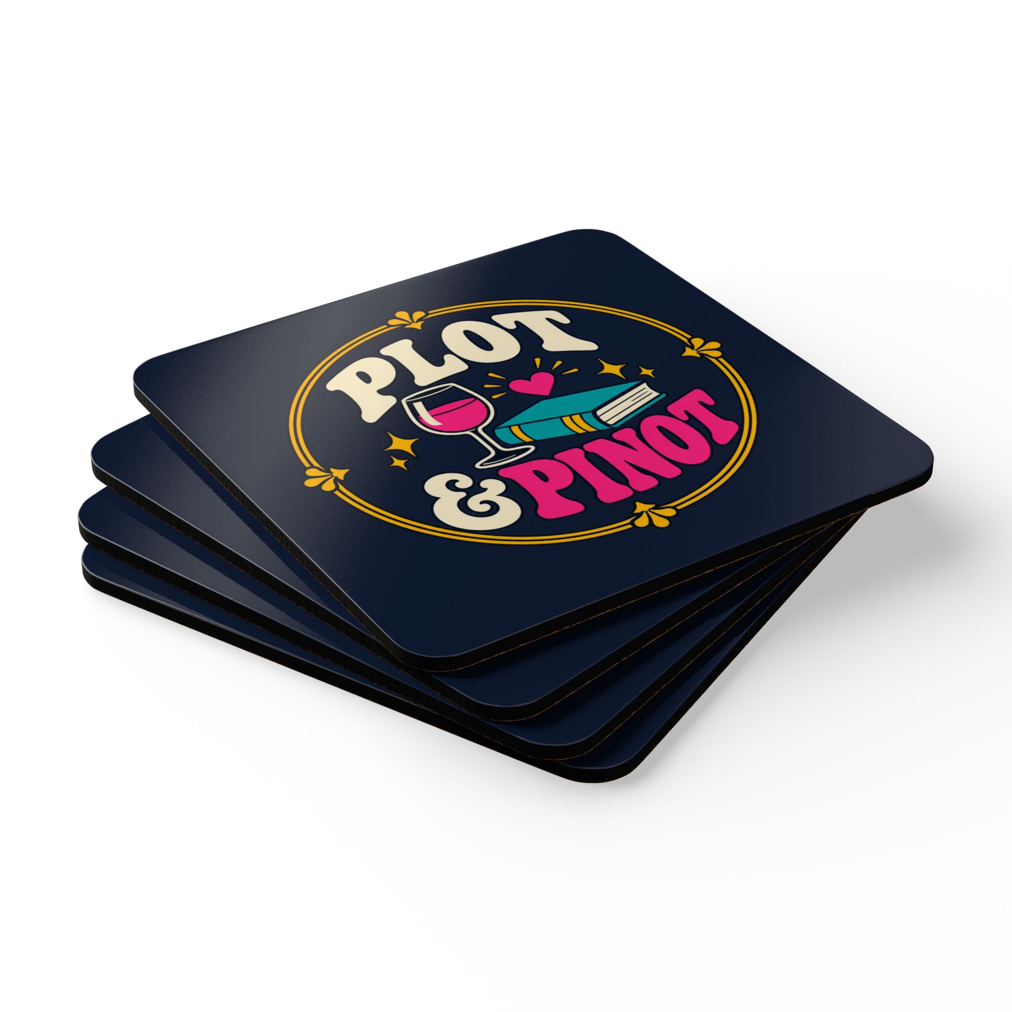 Plot & Pinot Coaster Set — Wine & Book Lover Cork-Back Drink Coasters, Set of 4 - Image 3