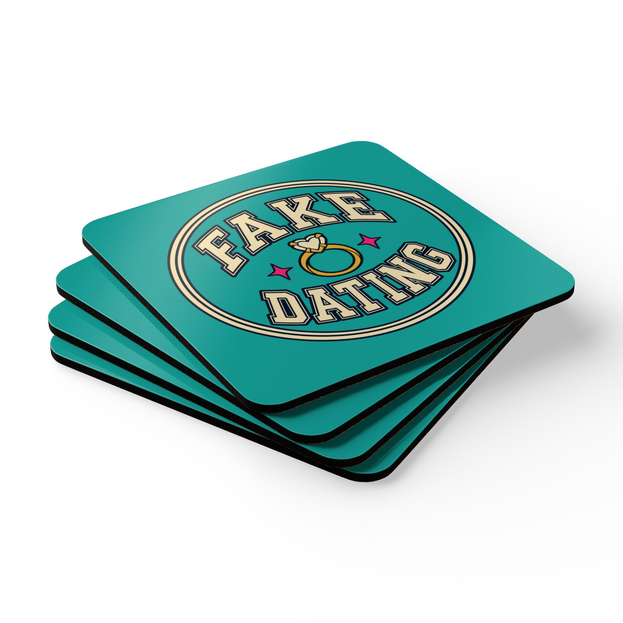 Fake Dating Coaster Set — Romance Trope Cork-Back Drink Coasters, Set of 4 - Image 3