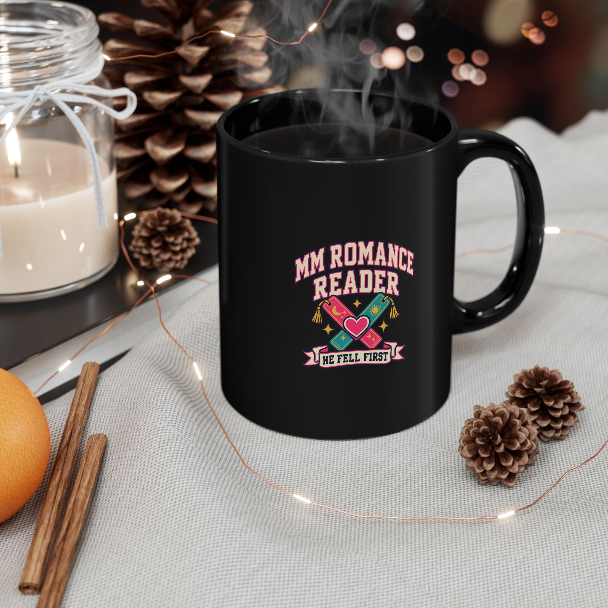 MM Romance Reader Black Mug — He Fell First MM Romance Ceramic Mug, 11oz - Image 3