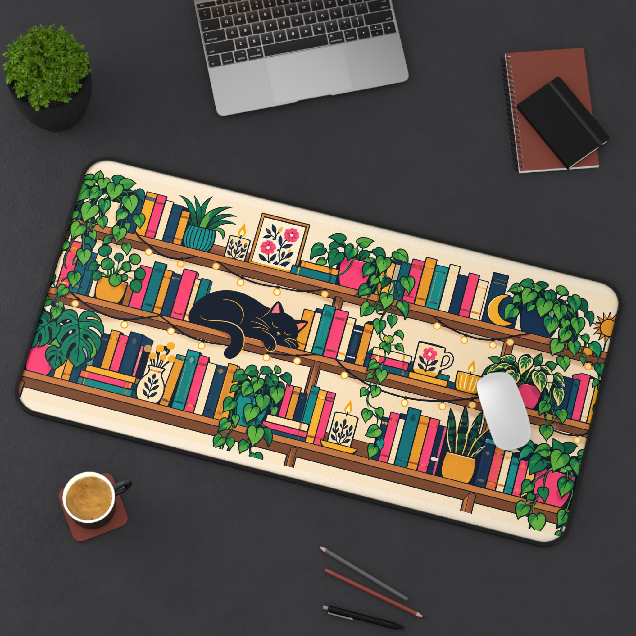 Plant Shelf Library Desk Mat — Cozy Bookshelf, Houseplants & Black Cat Reader Desk Mat - Image 14