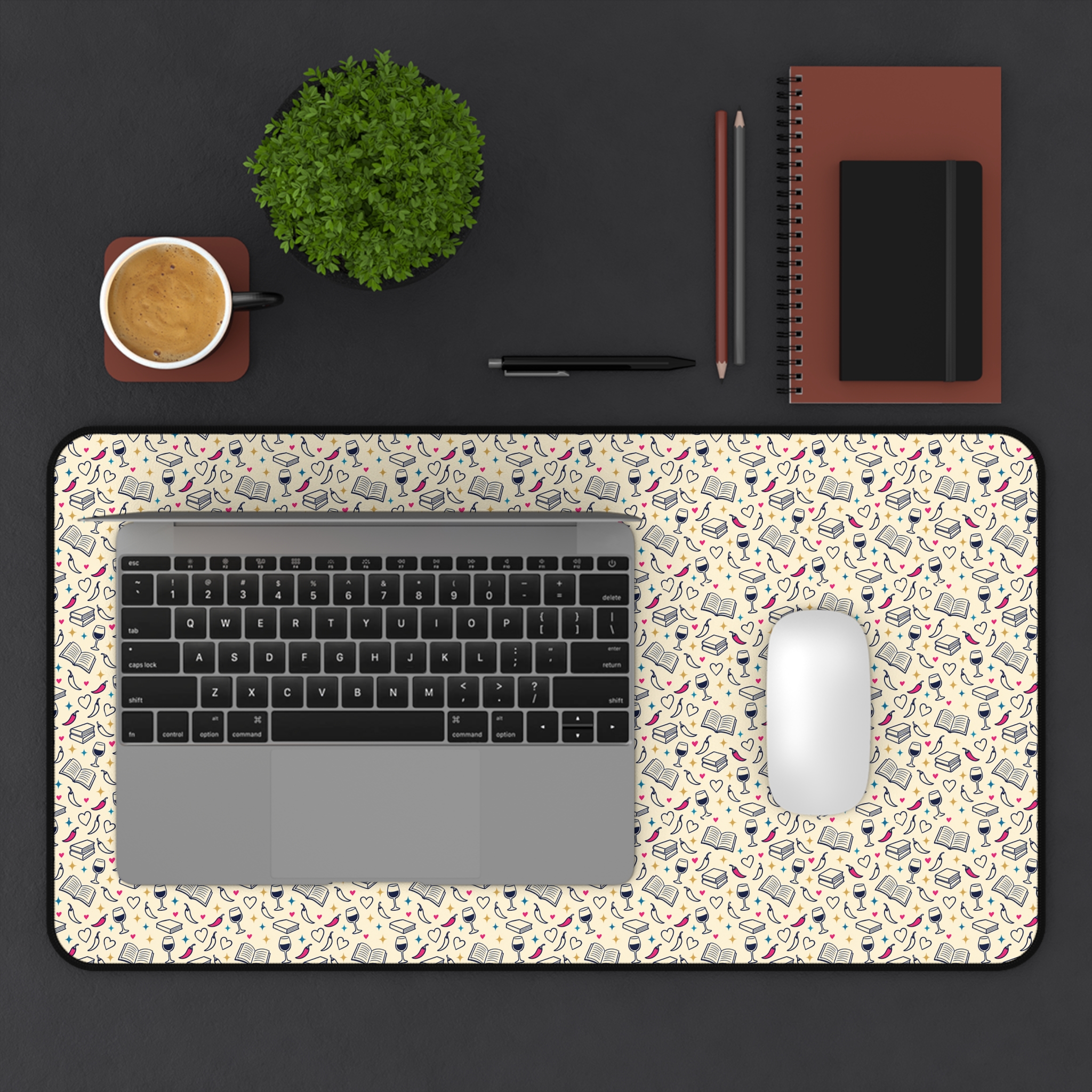 Bookish Icons Desk Mat — Romance Reader Books, Wine & Chilis Pattern Desk Mat - Image 8