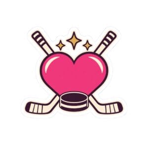 Hockey Romance Sticker — Heart, Sticks & Puck Kiss-Cut Vinyl Sticker