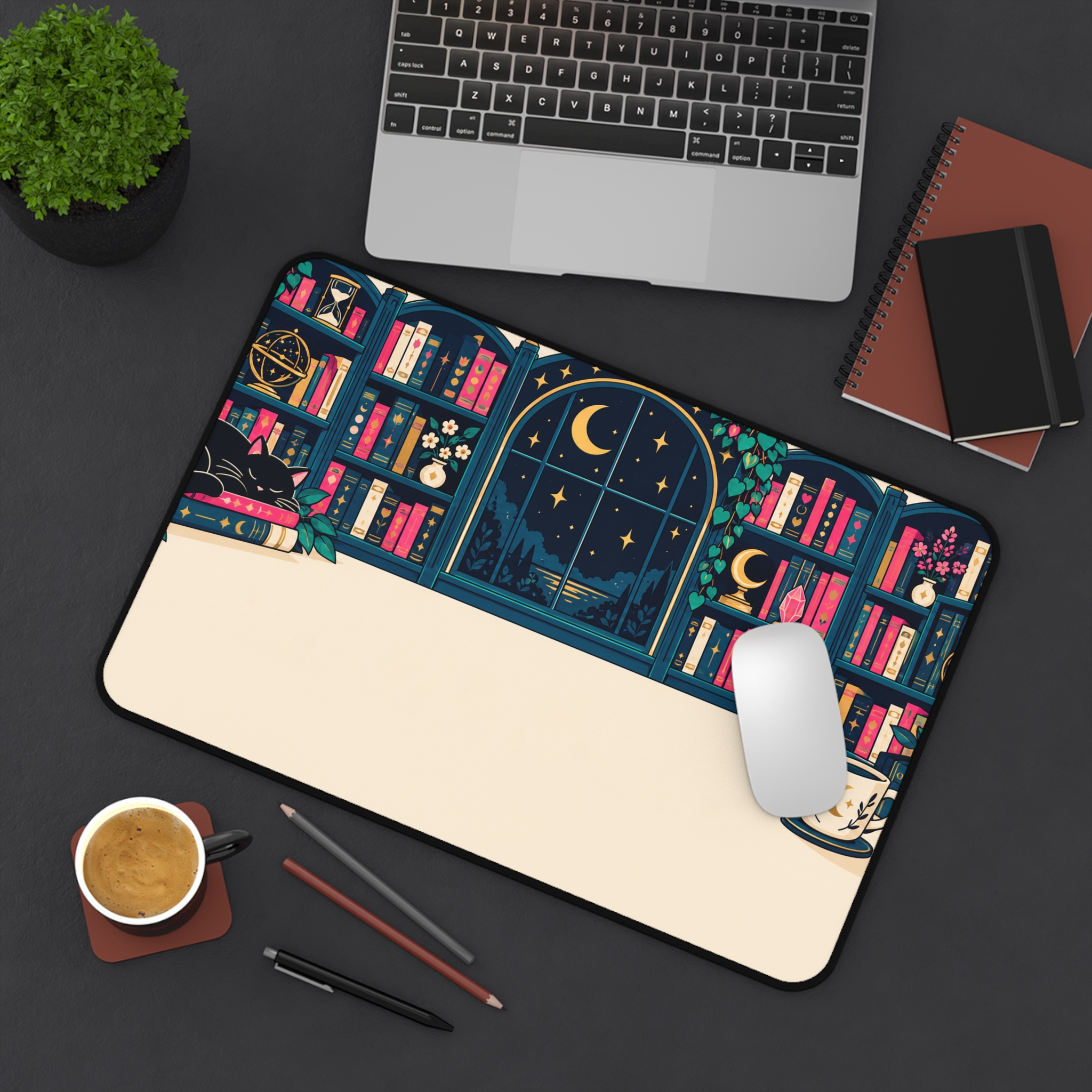 Midnight Library Desk Mat — Cozy Bookshelf, Moonlit Window & Black Cat Reader Desk Mat - Image 4
