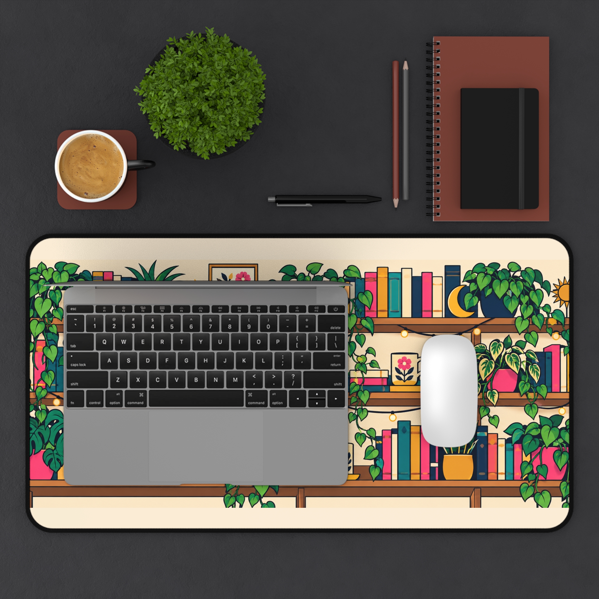 Plant Shelf Library Desk Mat — Cozy Bookshelf, Houseplants & Black Cat Reader Desk Mat - Image 8