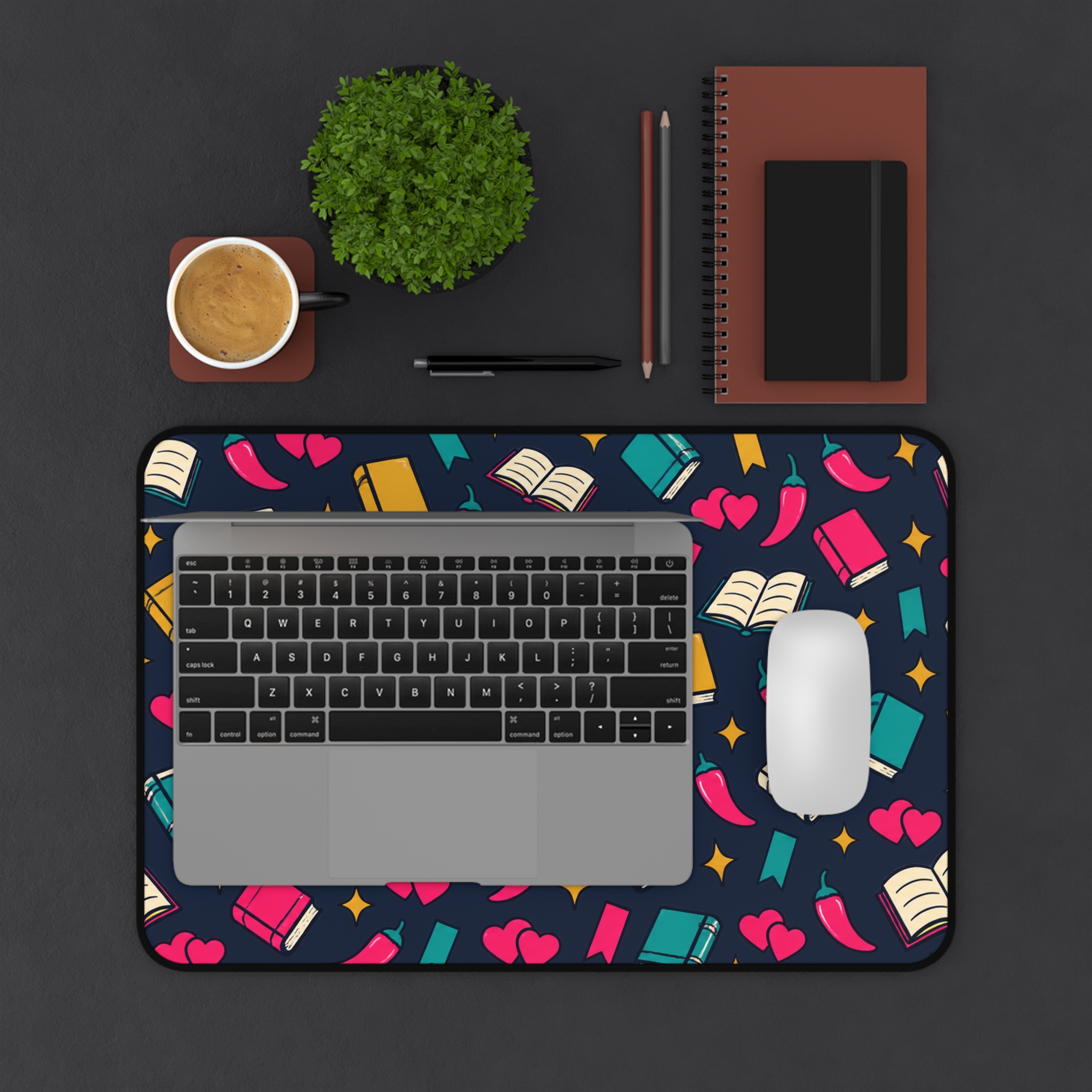 Bookish Confetti Desk Mat — Books, Hearts & Chili Peppers Spicy Romance Reader Desk Mat - Image 3