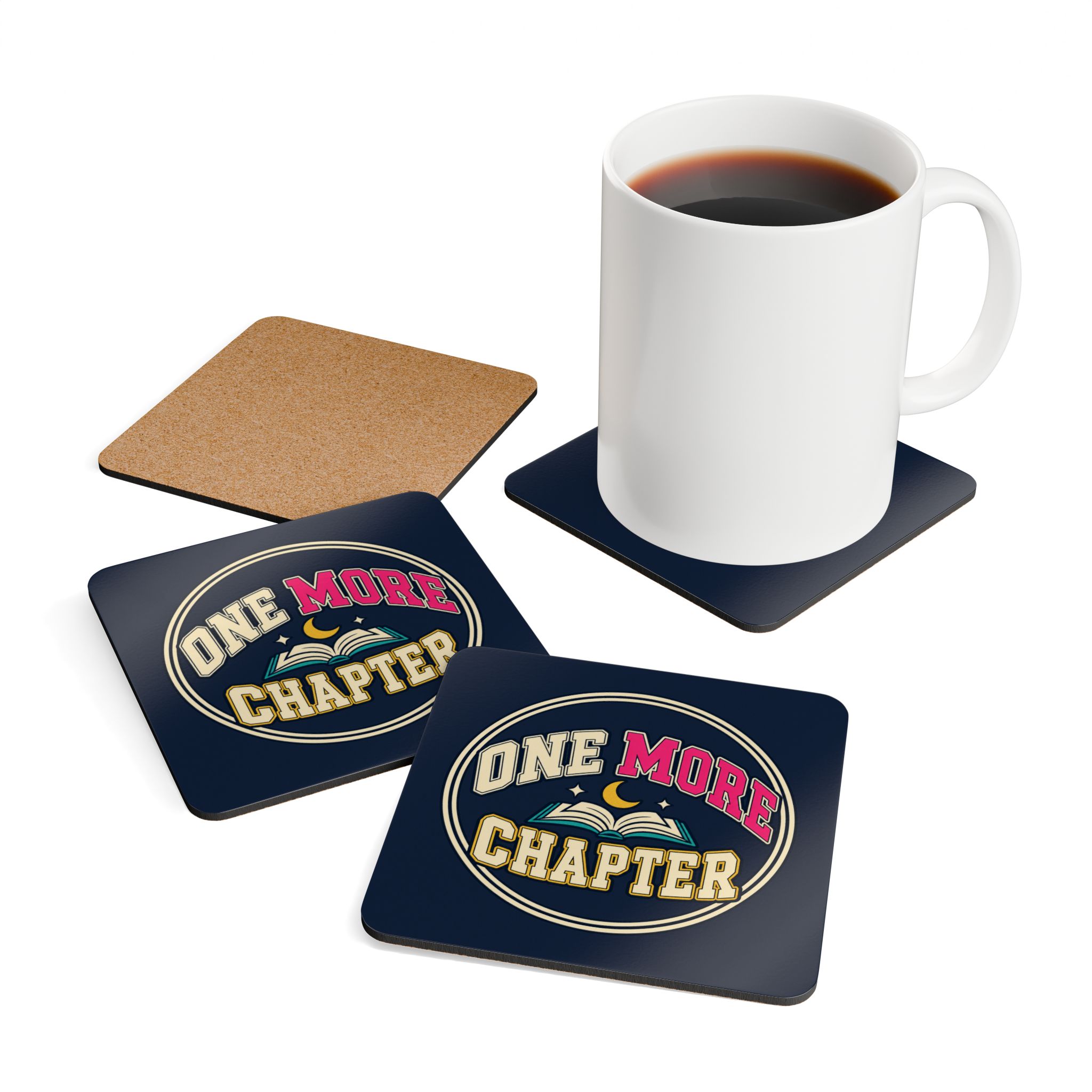 One More Chapter Coaster Set — Book Lover Cork-Back Drink Coasters, Set of 4 - Image 4