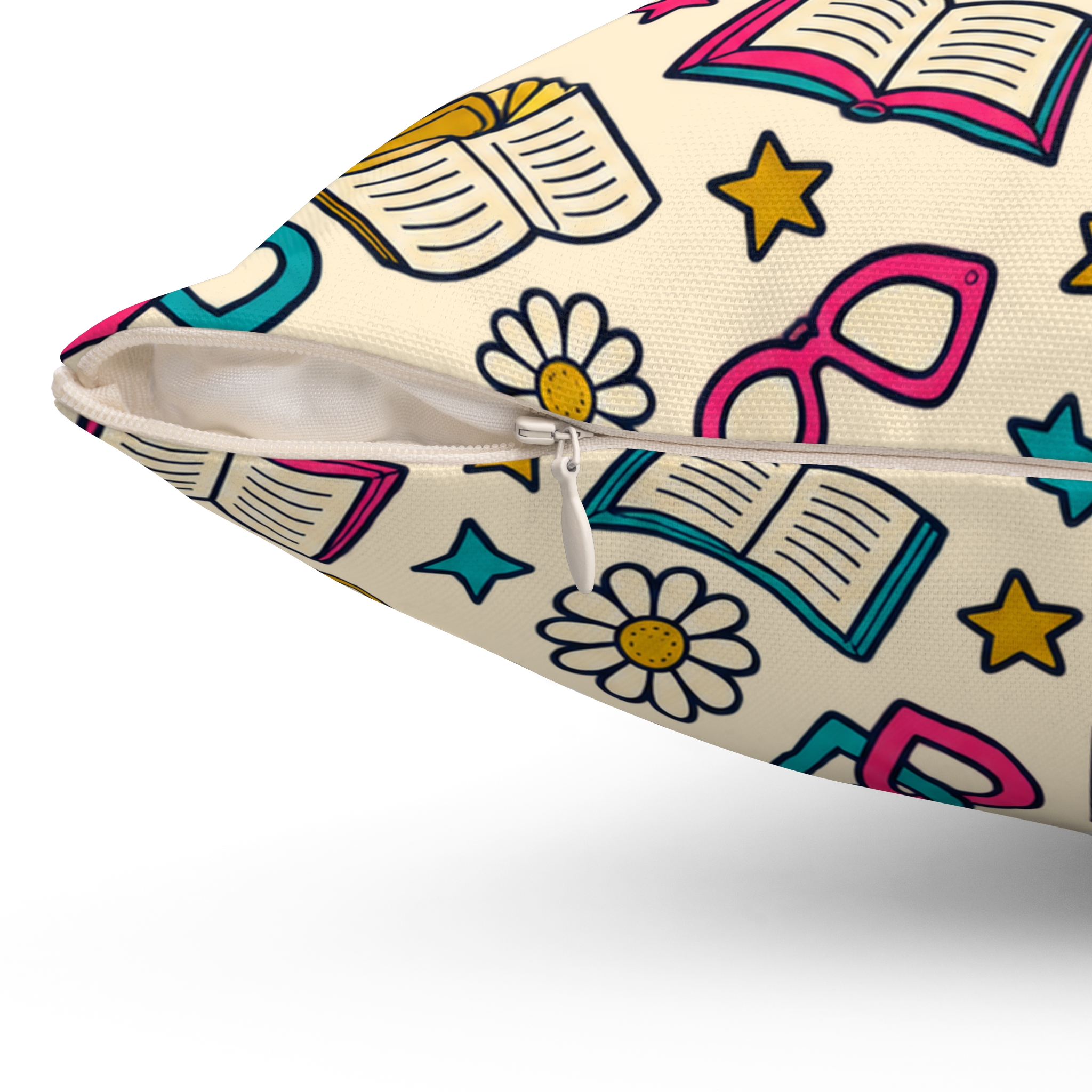 Bookish Blooms Throw Pillow — Books, Hearts & Daisies Reading Nook Pillow (Cream) - Image 6