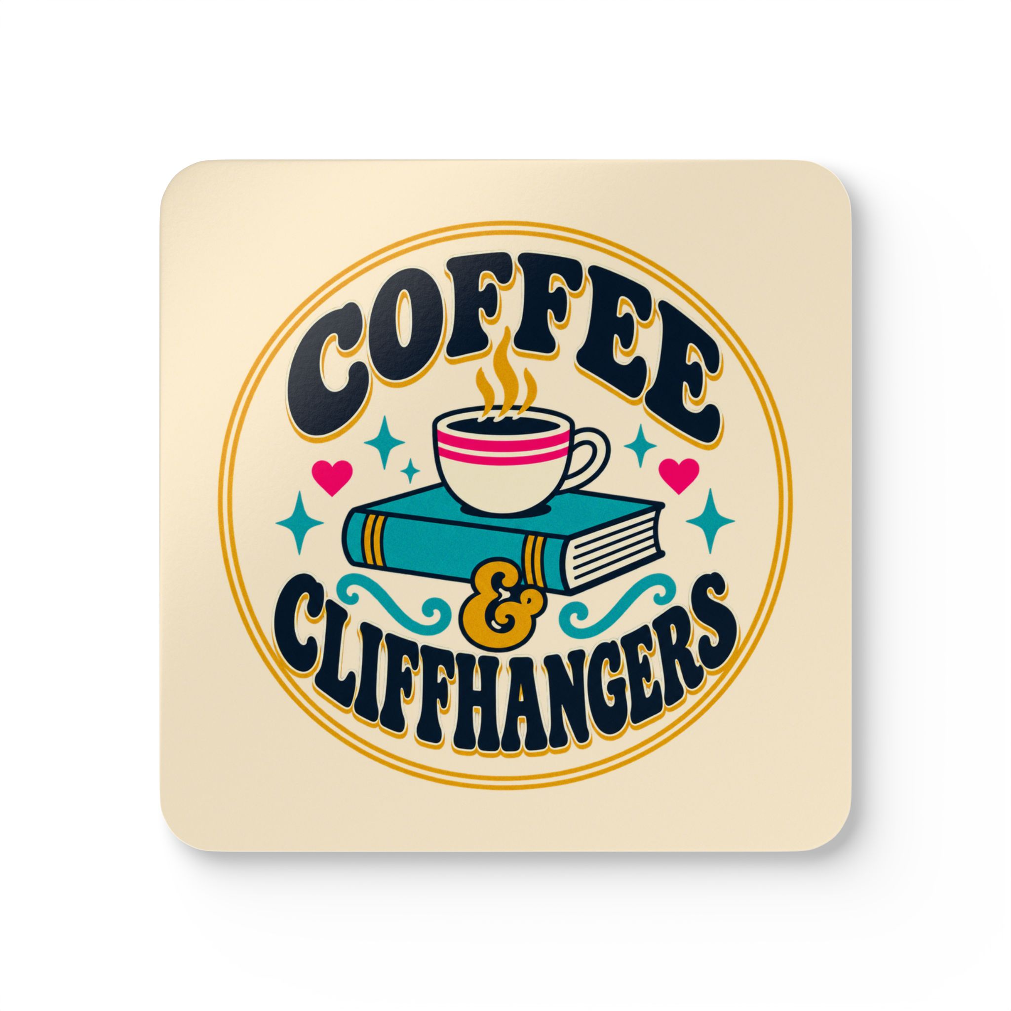 Coffee & Cliffhangers Coaster Set — Book Lover Cork-Back Drink Coasters, Set of 4