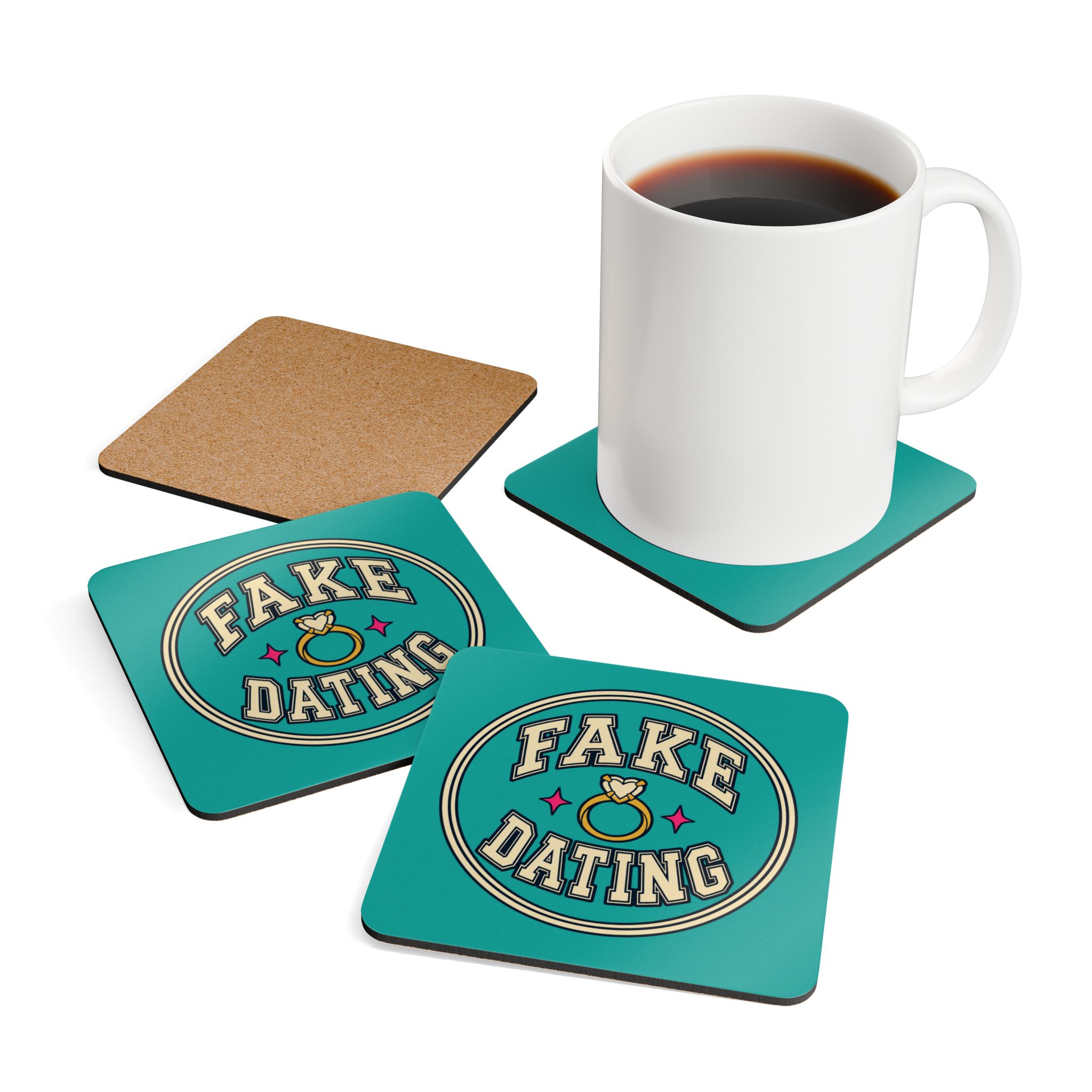 Fake Dating Coaster Set — Romance Trope Cork-Back Drink Coasters, Set of 4 - Image 4