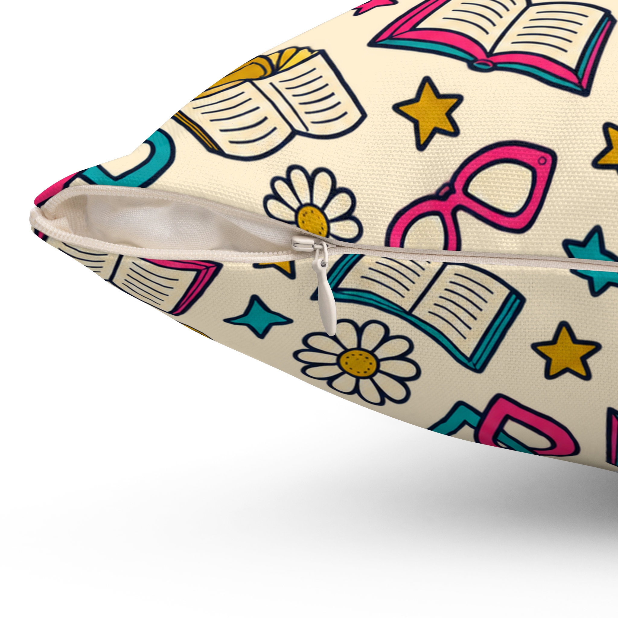 Bookish Blooms Throw Pillow — Books, Hearts & Daisies Reading Nook Pillow (Cream) - Image 3