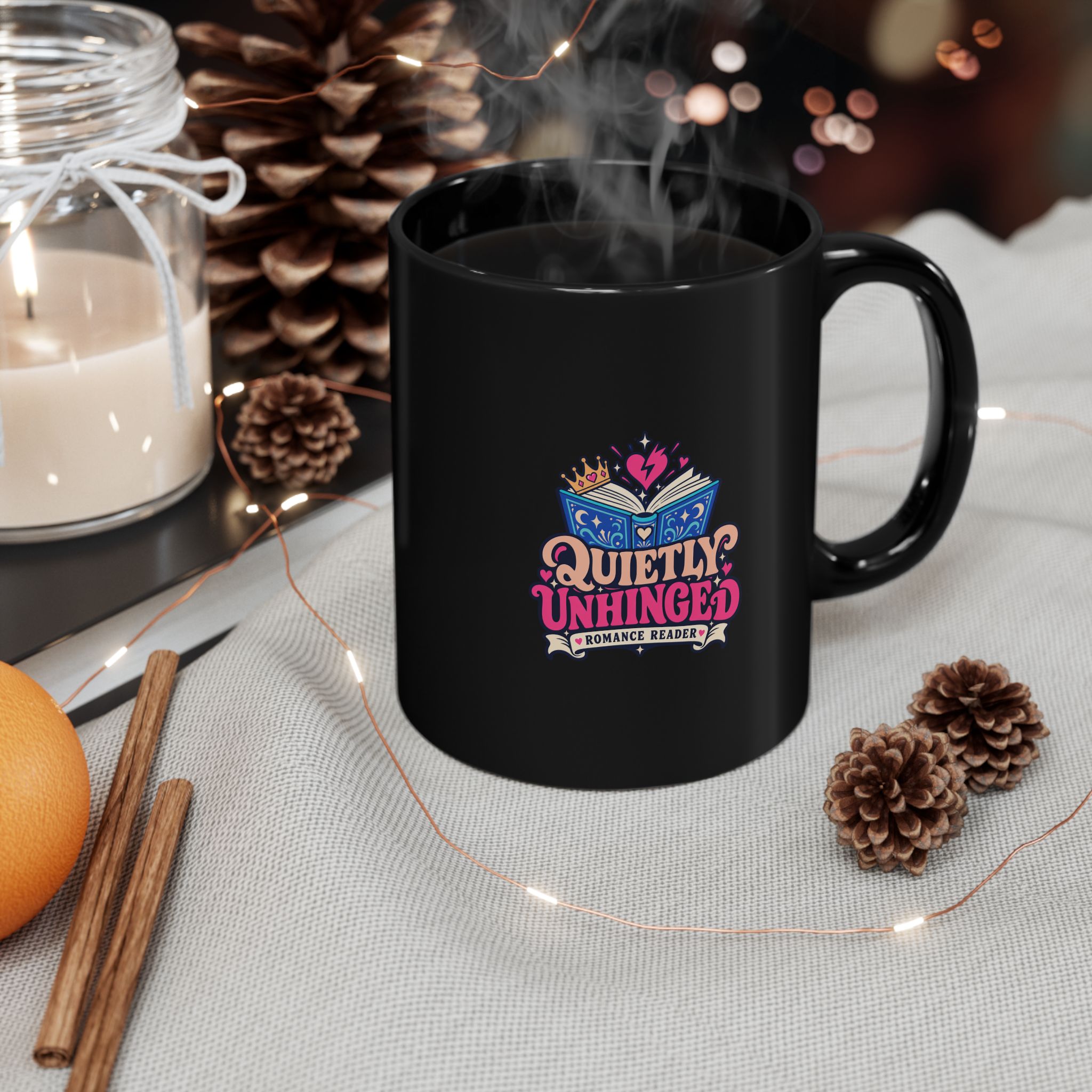 Quietly Unhinged Black Mug — Romance Reader Ceramic Mug, 11oz - Image 3