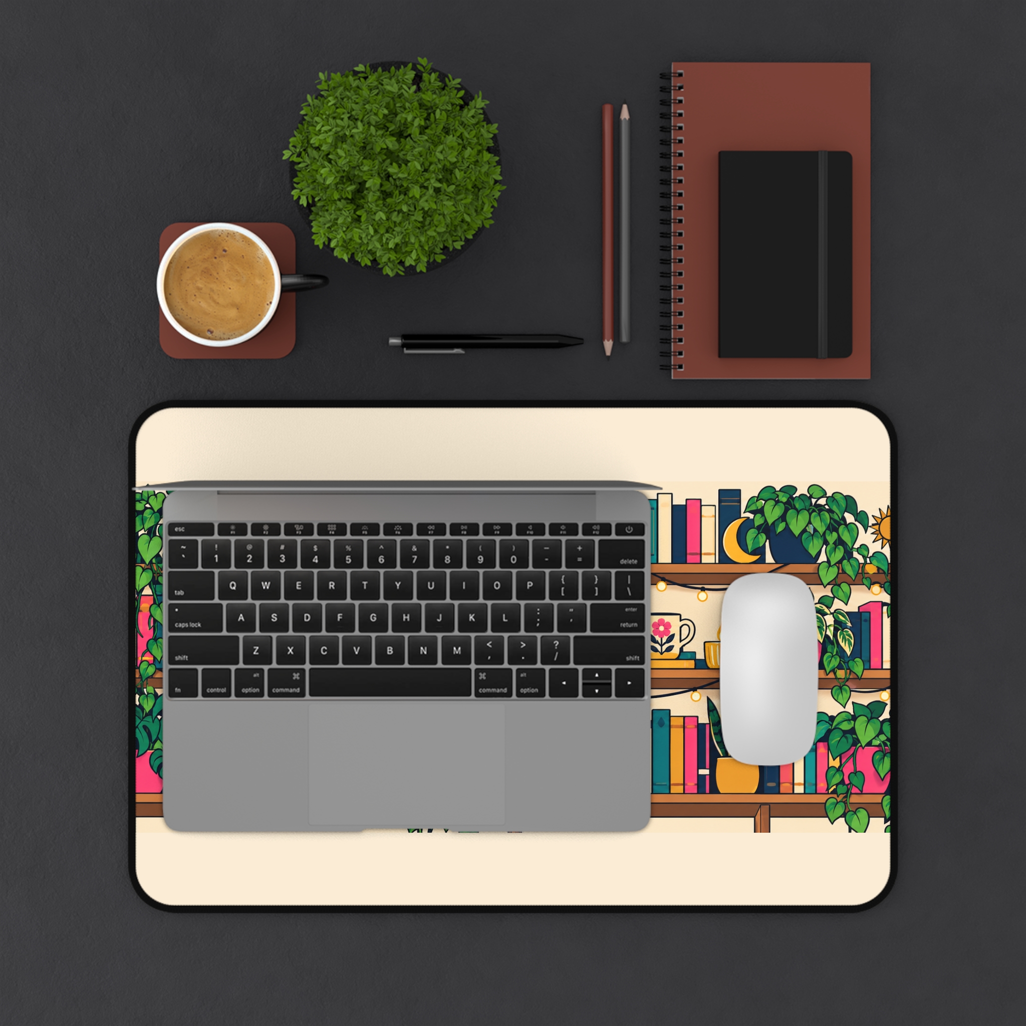 Plant Shelf Library Desk Mat — Cozy Bookshelf, Houseplants & Black Cat Reader Desk Mat - Image 3