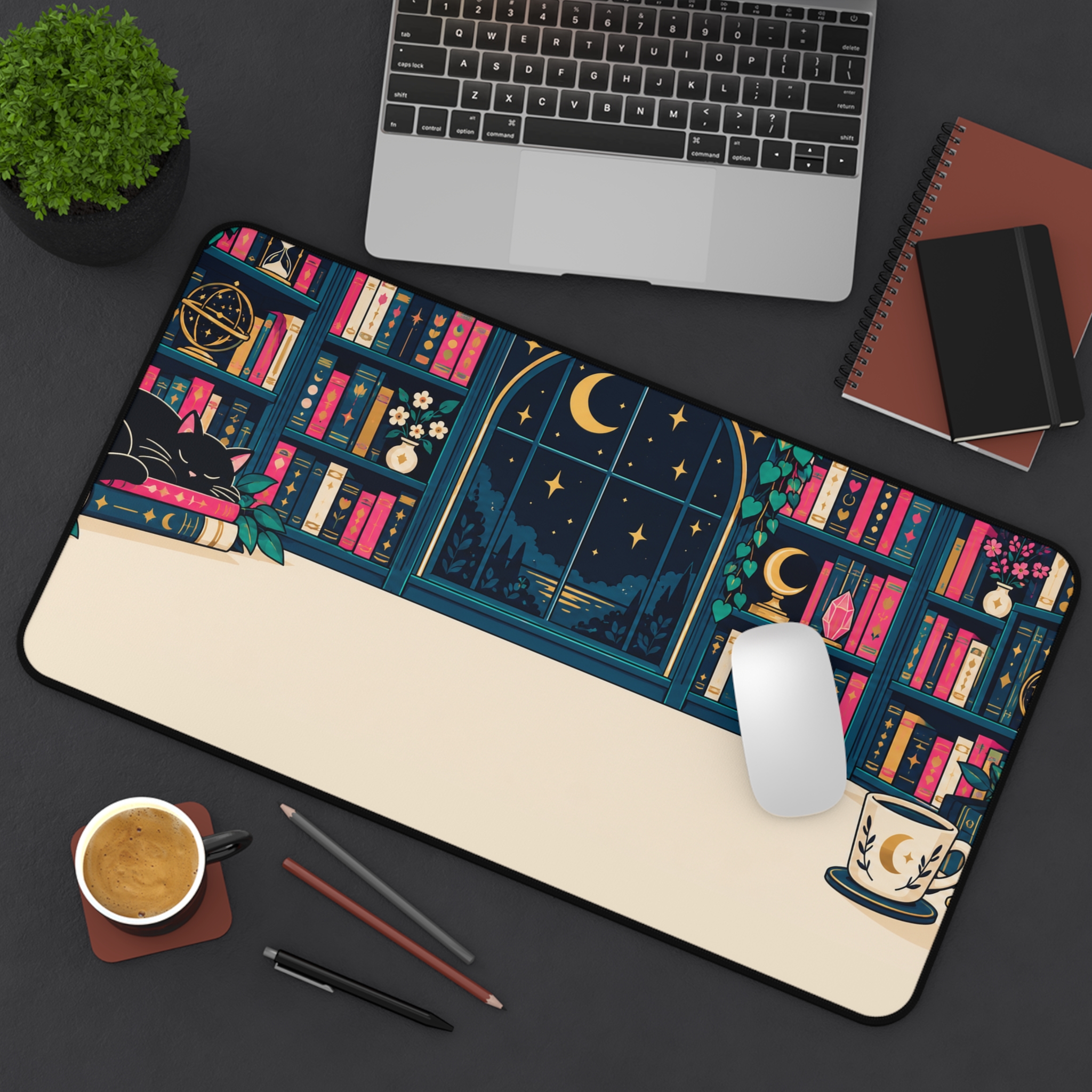 Midnight Library Desk Mat — Cozy Bookshelf, Moonlit Window & Black Cat Reader Desk Mat - Image 9
