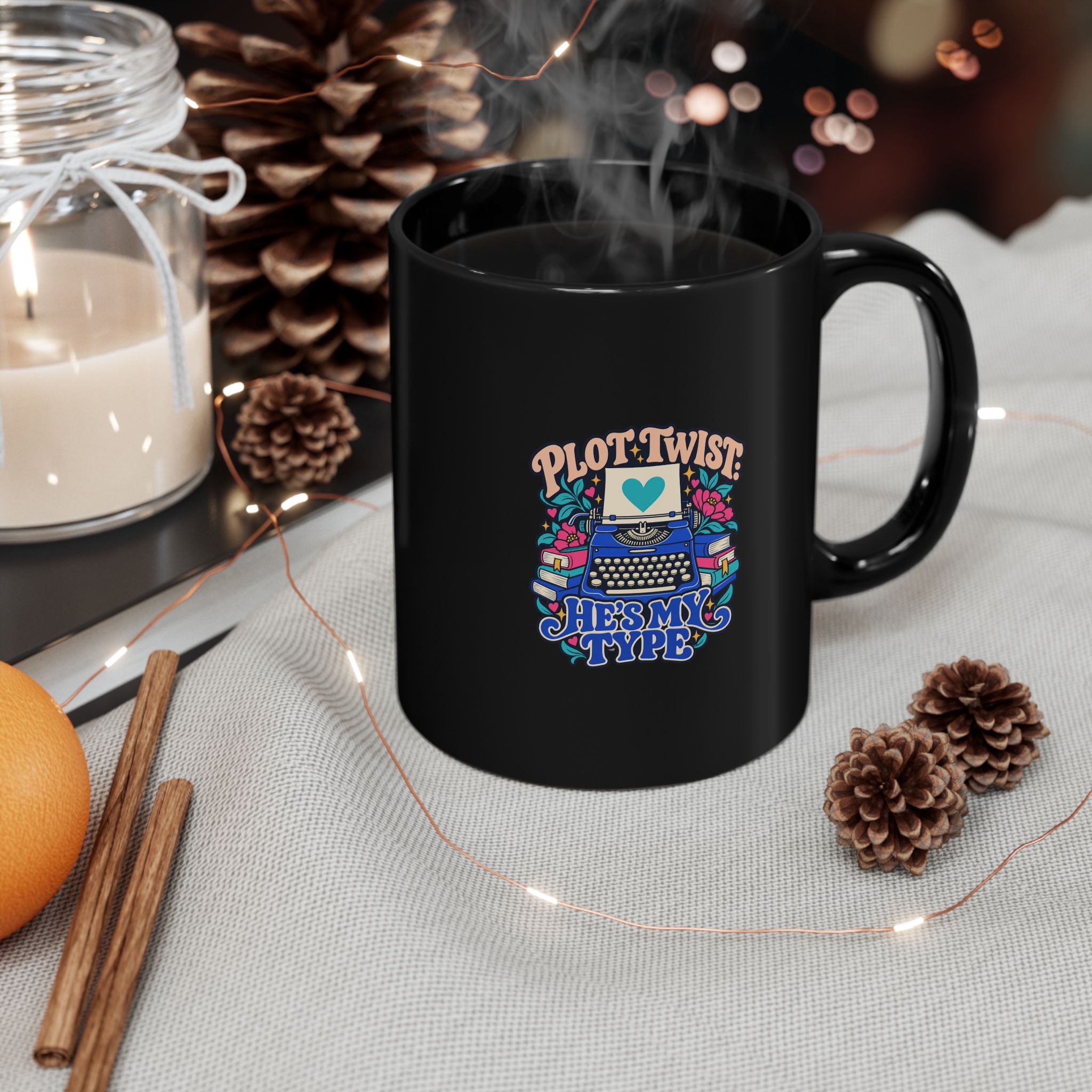 Plot Twist: He’s My Type Black Mug — Romance Reader Ceramic Mug, 11oz - Image 3