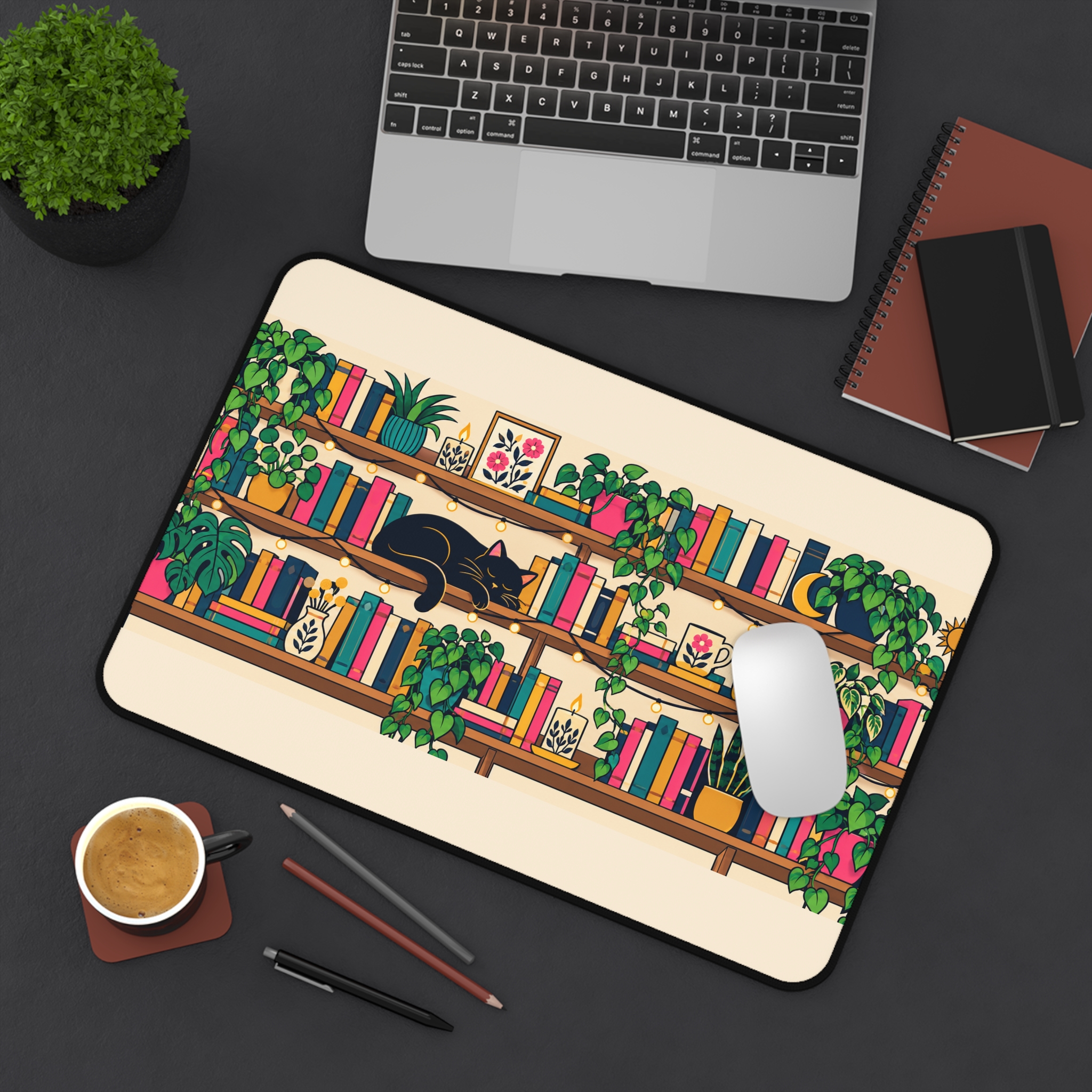 Plant Shelf Library Desk Mat — Cozy Bookshelf, Houseplants & Black Cat Reader Desk Mat - Image 4