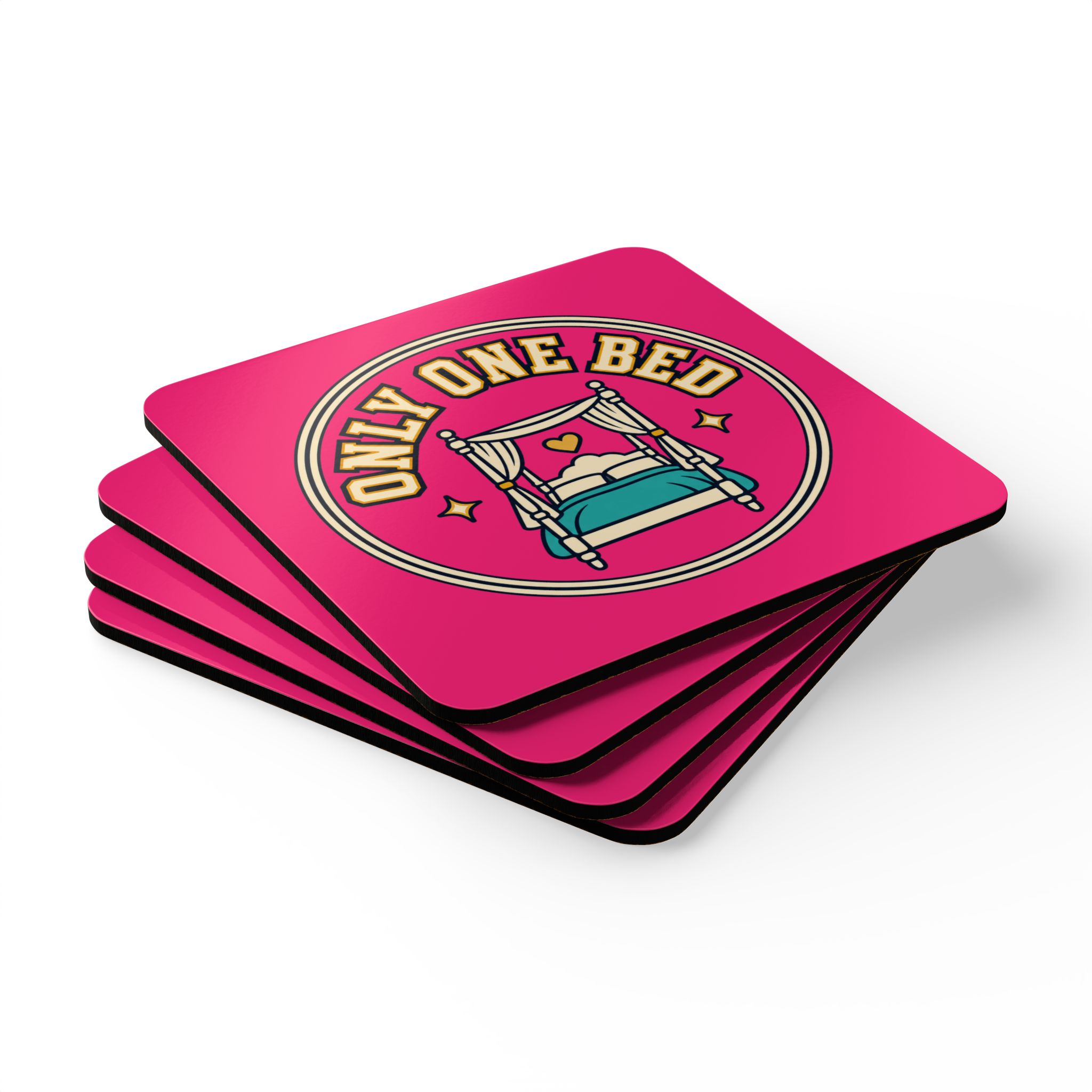 Only One Bed Coaster Set — Romance Trope Cork-Back Drink Coasters, Set of 4 - Image 3
