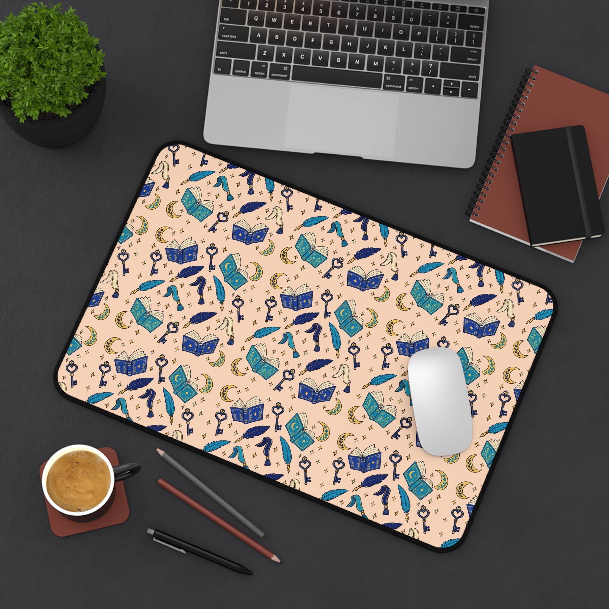 Chapter Keys Desk Mat — Peach Books, Quills & Keys Pattern Reader Desk Mat - Image 4